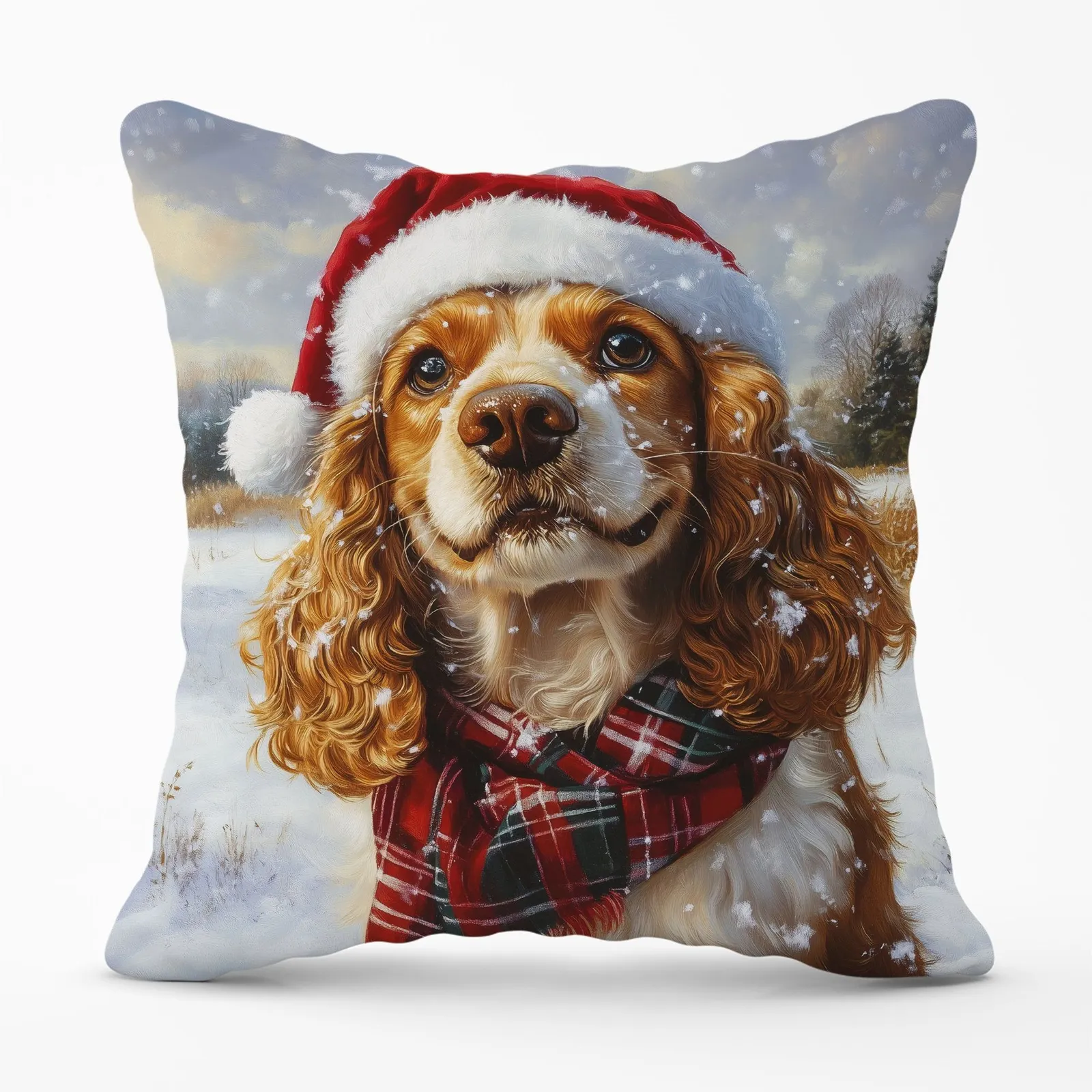 Warren Reed - Designer Snowy Christmas Cocker Spaniel Cushion in Brown