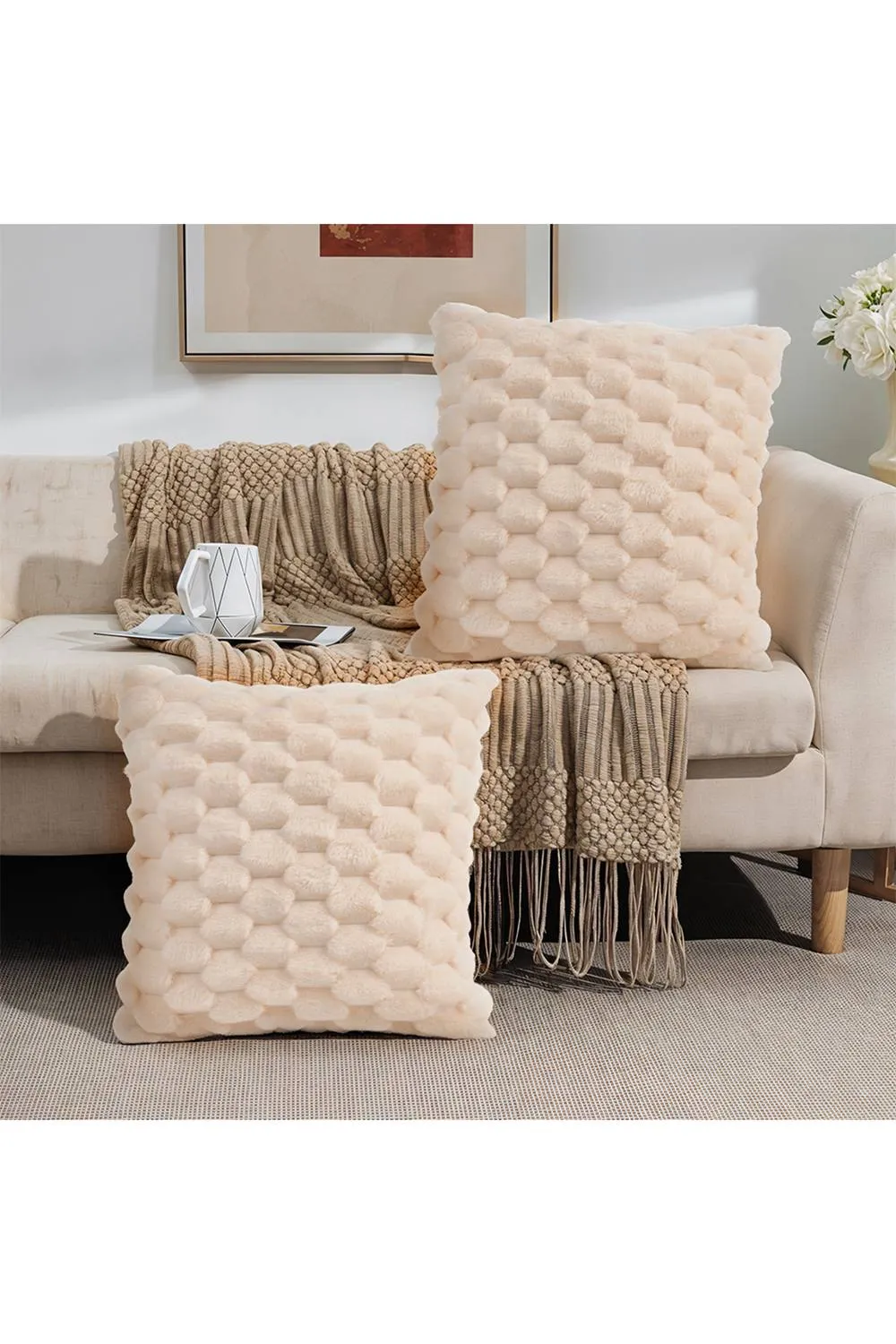 Living and Home 2Pcs Cozy Soft Plush Throw Pillow Cushion Covers in Beige
