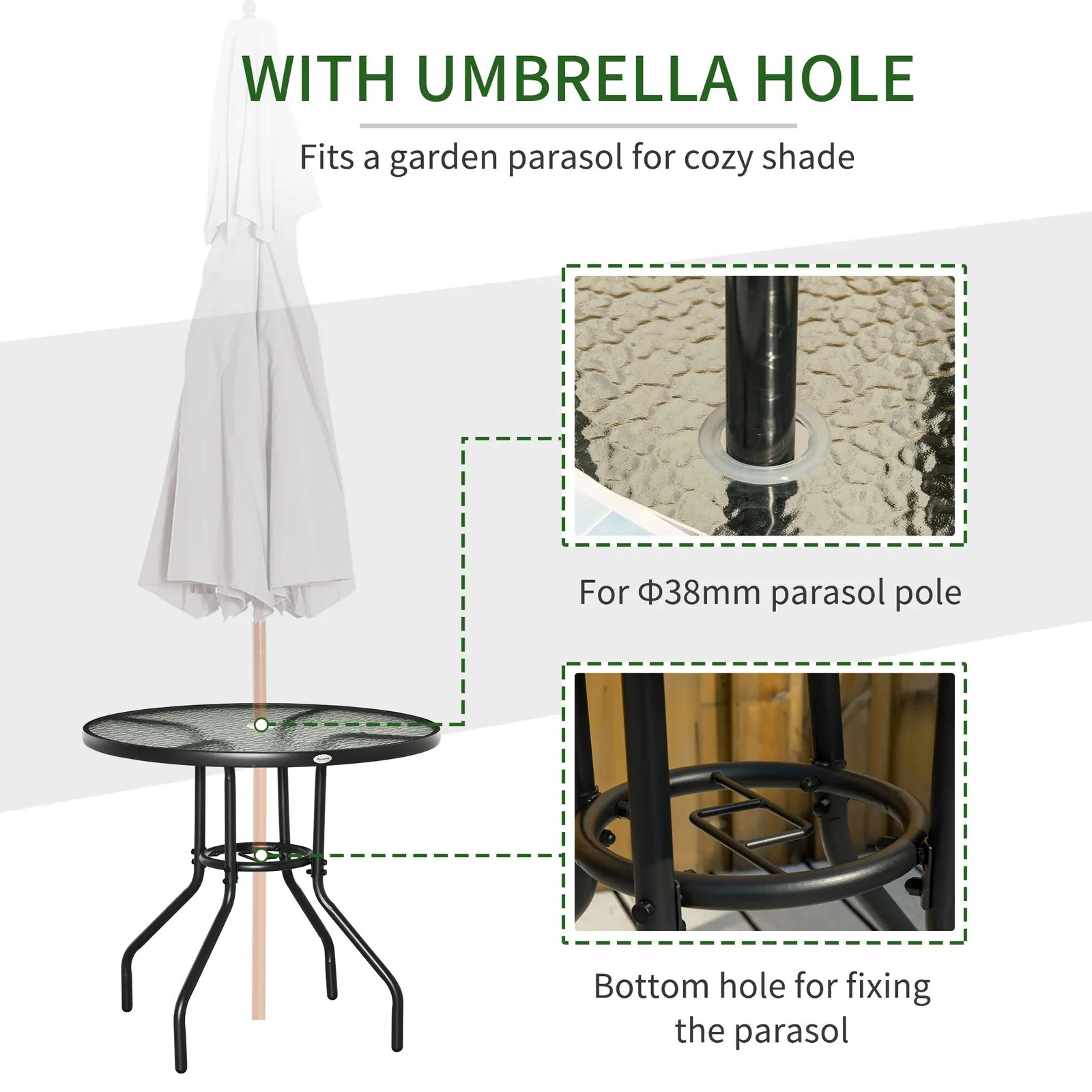 OUTSUNNY Outdoor Round Dining Table Tempered Glass Top w/ Parasol Hole 80cm in Black 4
