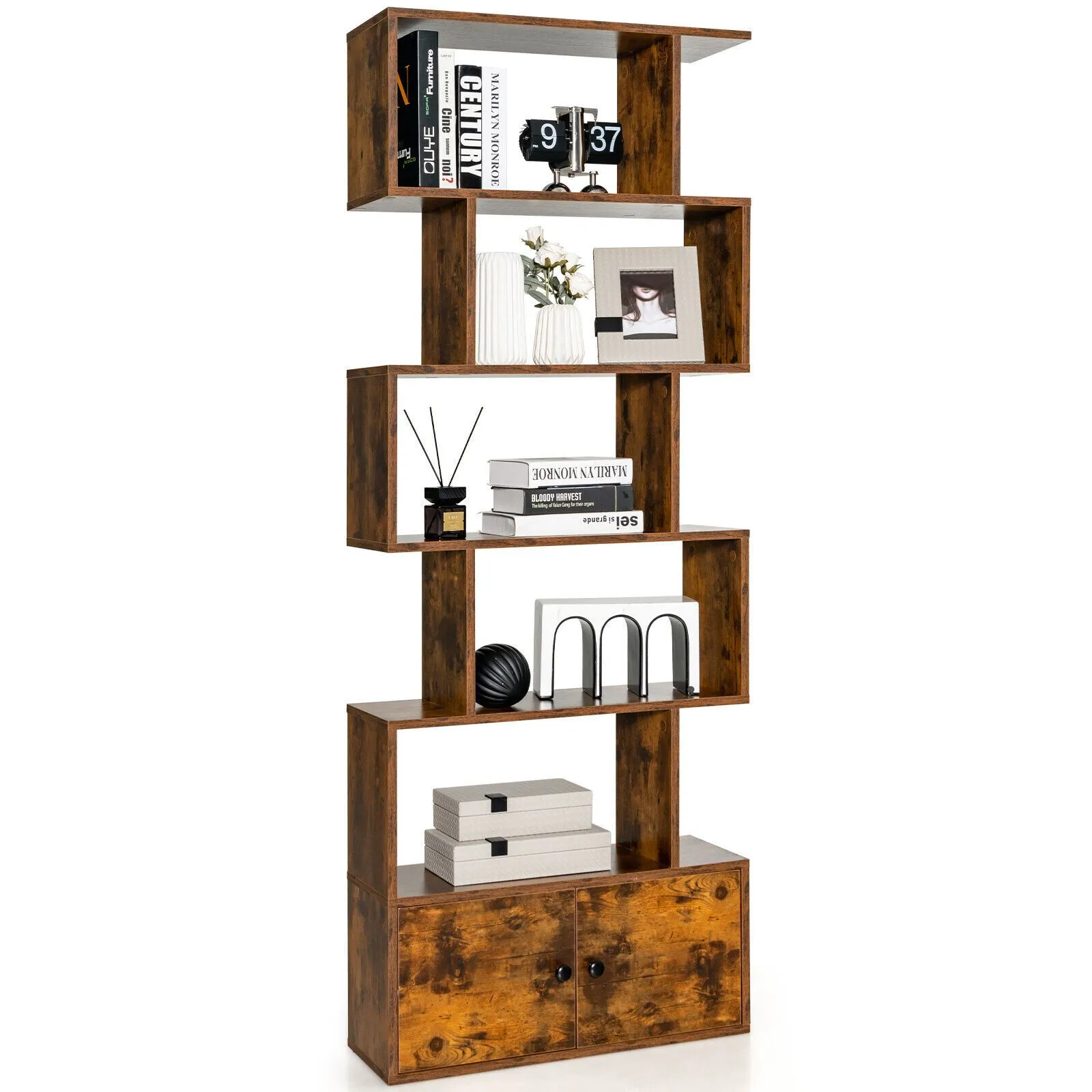 Costway 6-Tier Bookcase Free Standing S-Shaped Style Bookshelf Wooden Display Shelf in Brown