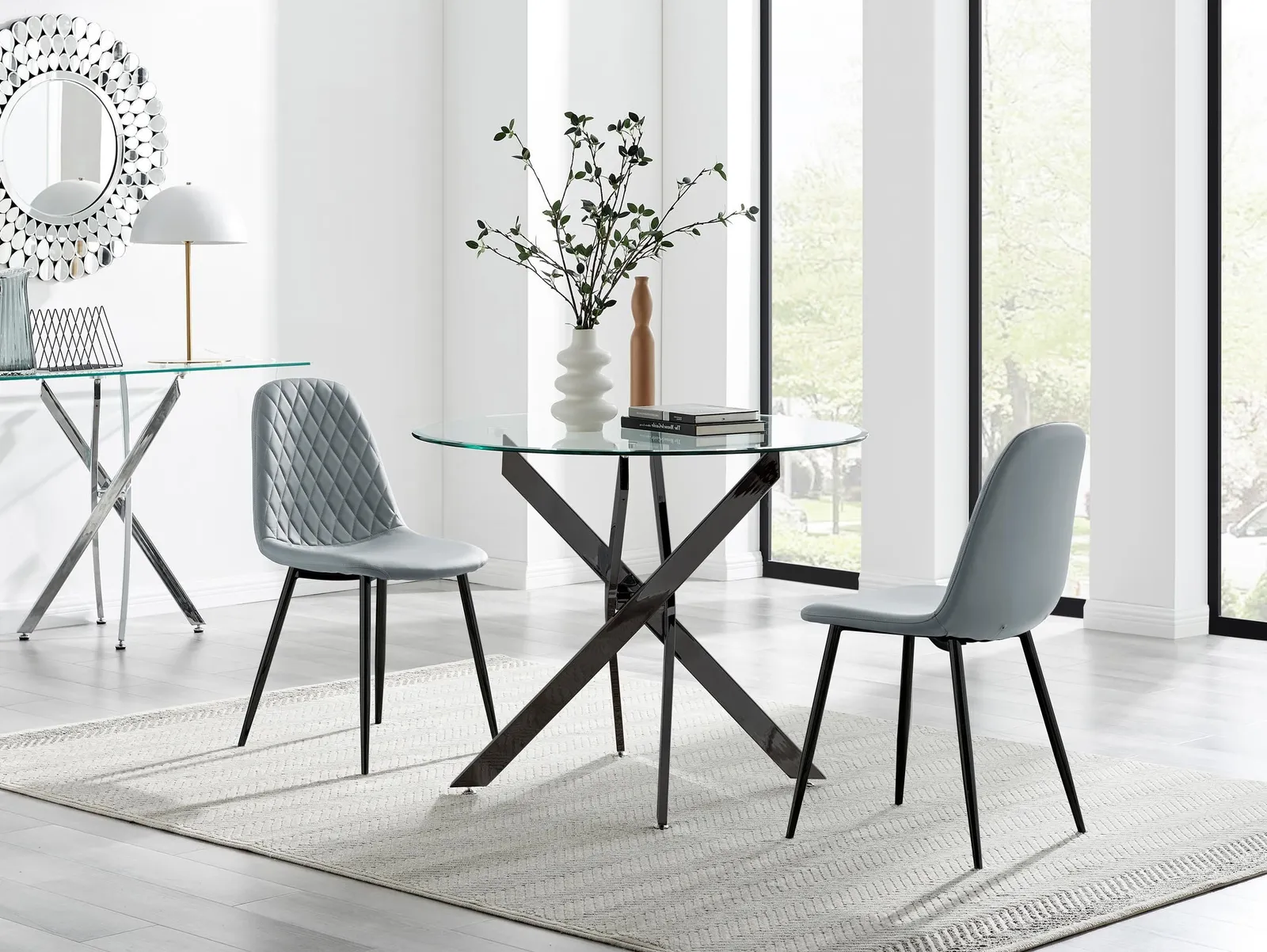 FurnitureboxUK Novara 100cm Round Black Leg Dining Table & 2 Corona Black Leg Chairs in Grey 1