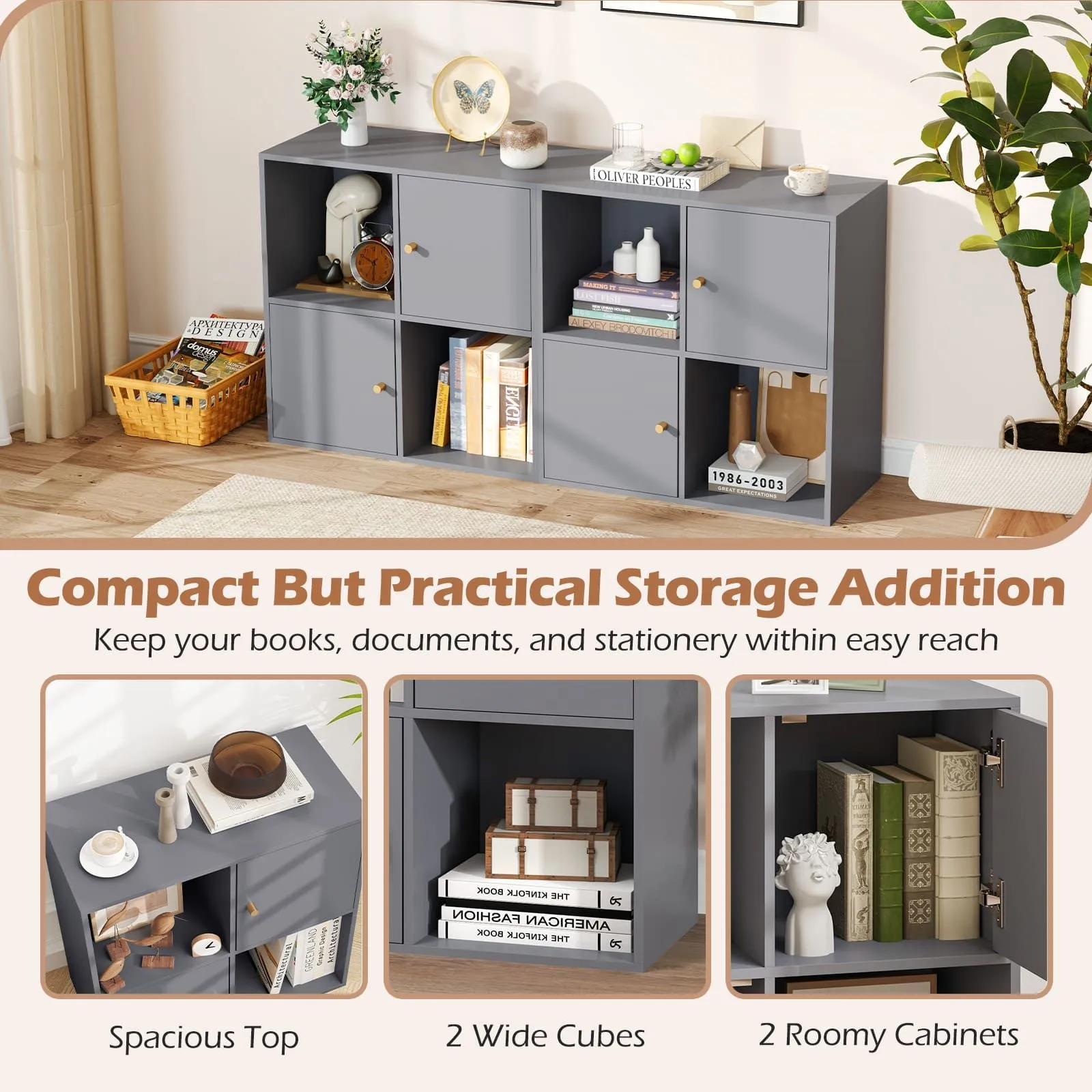 Costway 4-Cube Bookcase 3-Tier Bookshelf Storage Organizer w/2 Cabinets in Grey 6