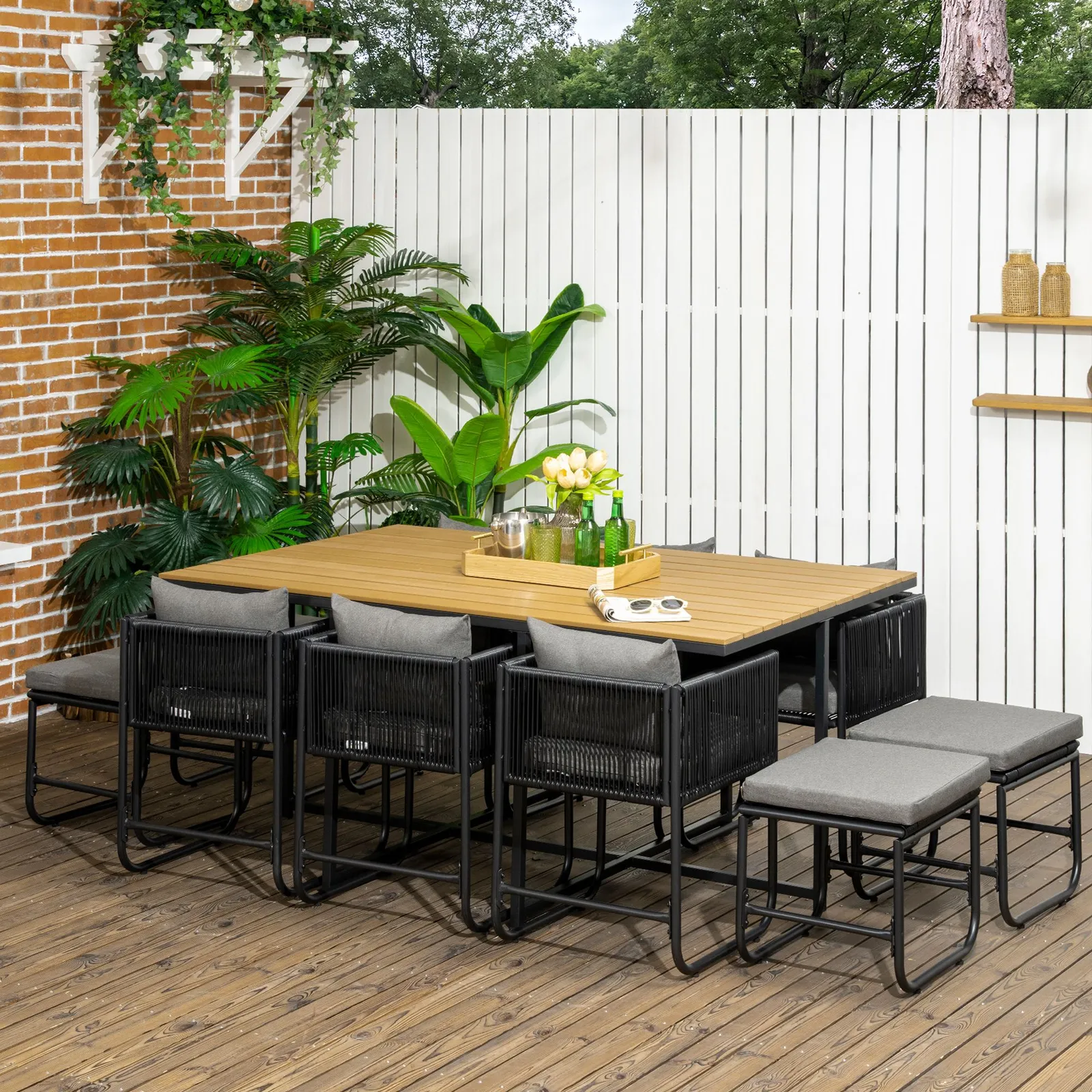 OUTSUNNY 11-PC Rattan Dining Set, 10-seater Table & Chair Sets with Space-saving Design in Black