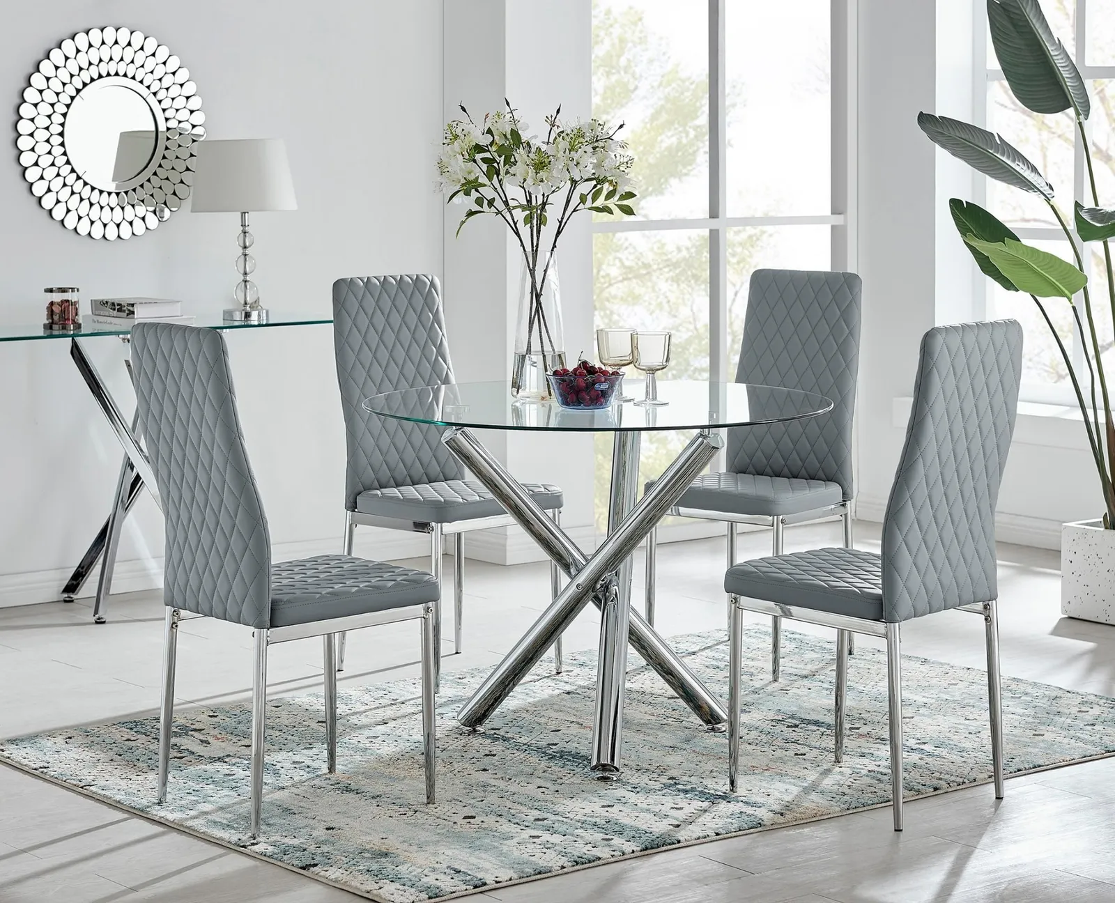 FurnitureboxUK Selina Chrome Round Glass Dining Table & 4 Milan Dining Chairs in Grey 1