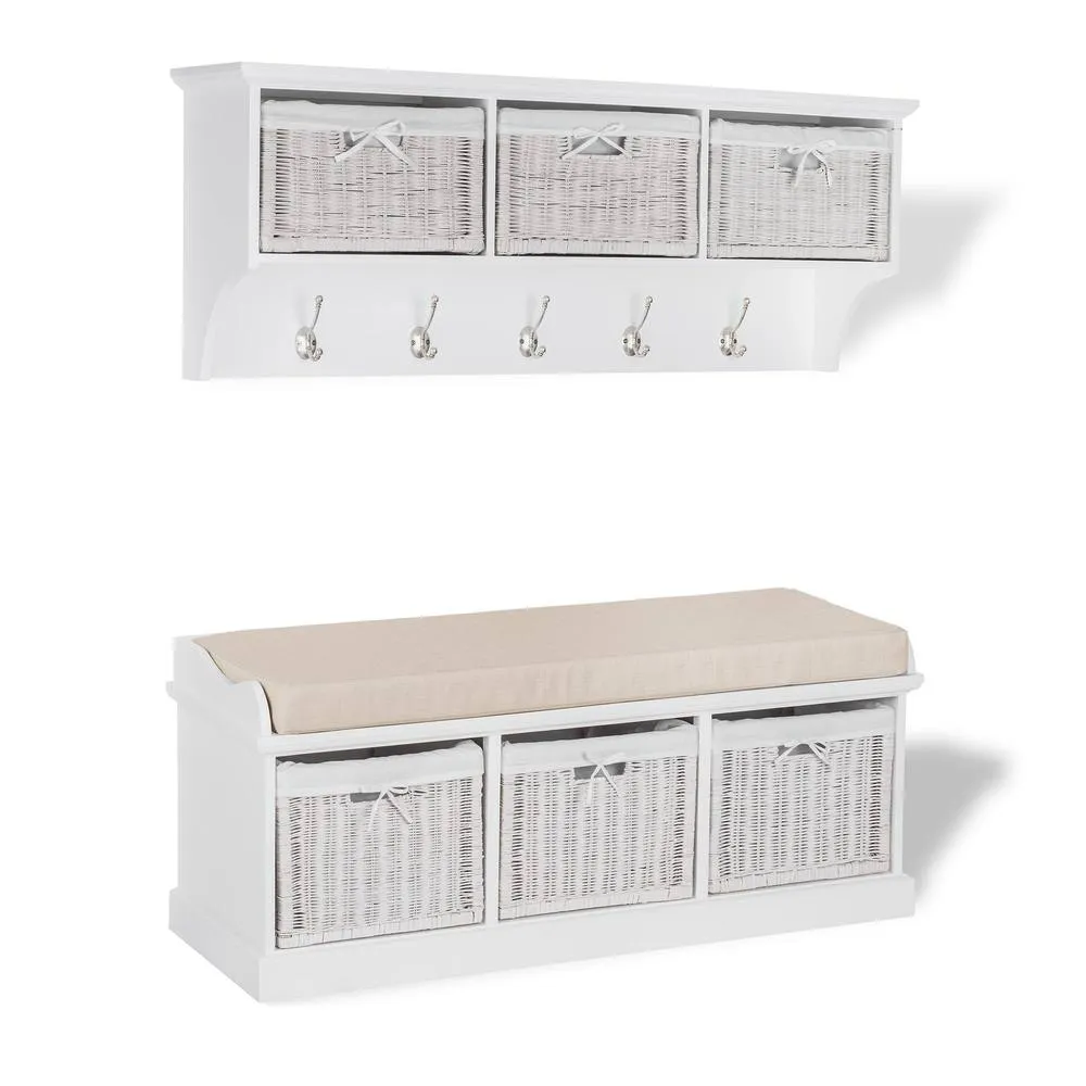 Statement Furniture Tetbury 3 White Wicker Basket & Cream Cushion Hallway Set 5