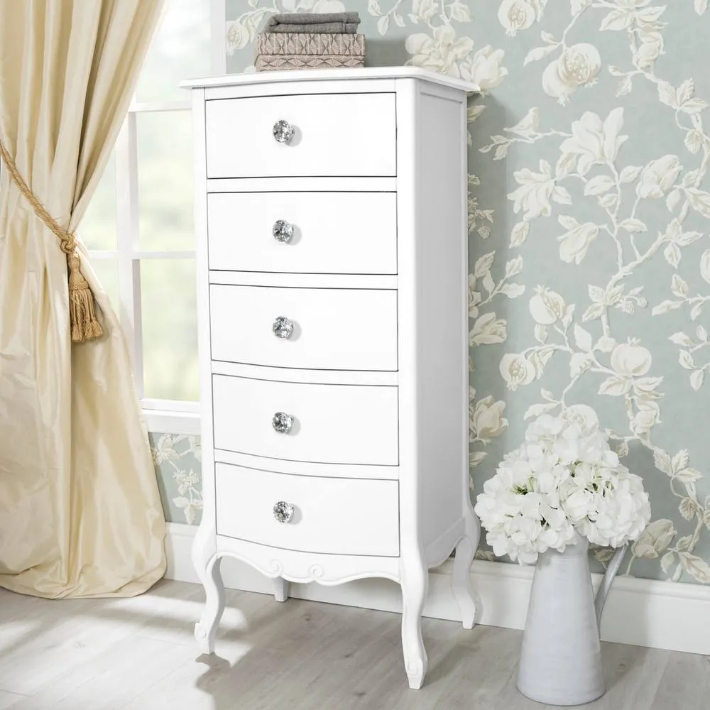 Statement Furniture Juliette Vintage Chic 5 Drawer Tallboy with Crystal Handles in White