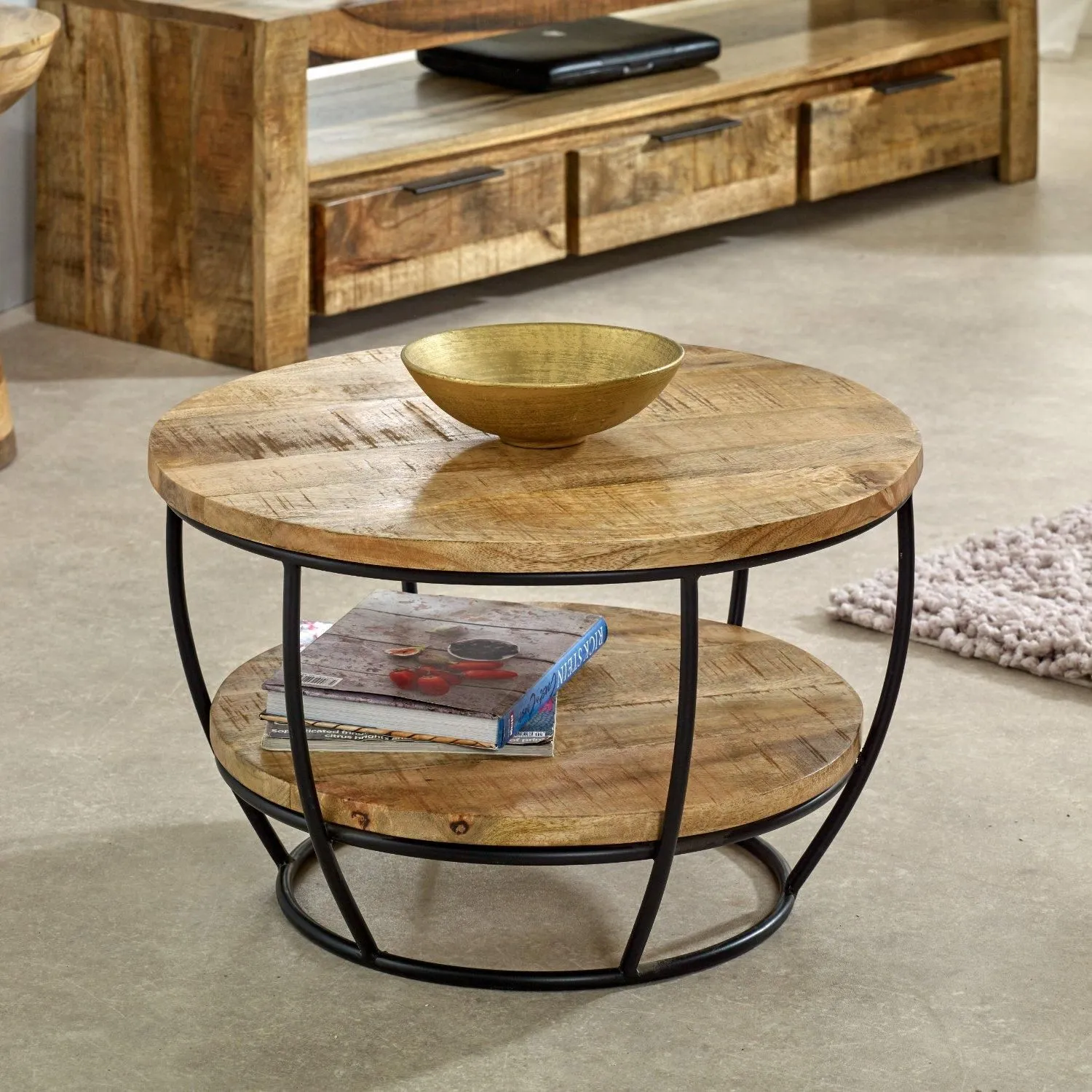 IH Design Bratton Mango Wooden & Metal Coffee Table With Shelf in Brown 2