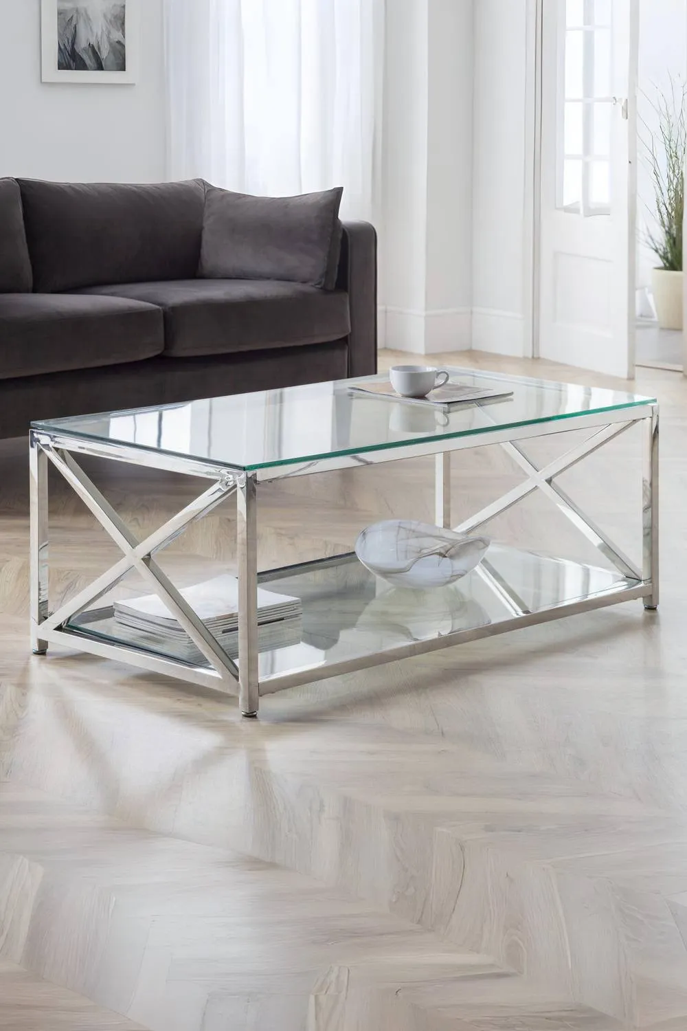 Julian Bowen Miami Glass Top Cross Frame Coffee Table with Shelf in Silver