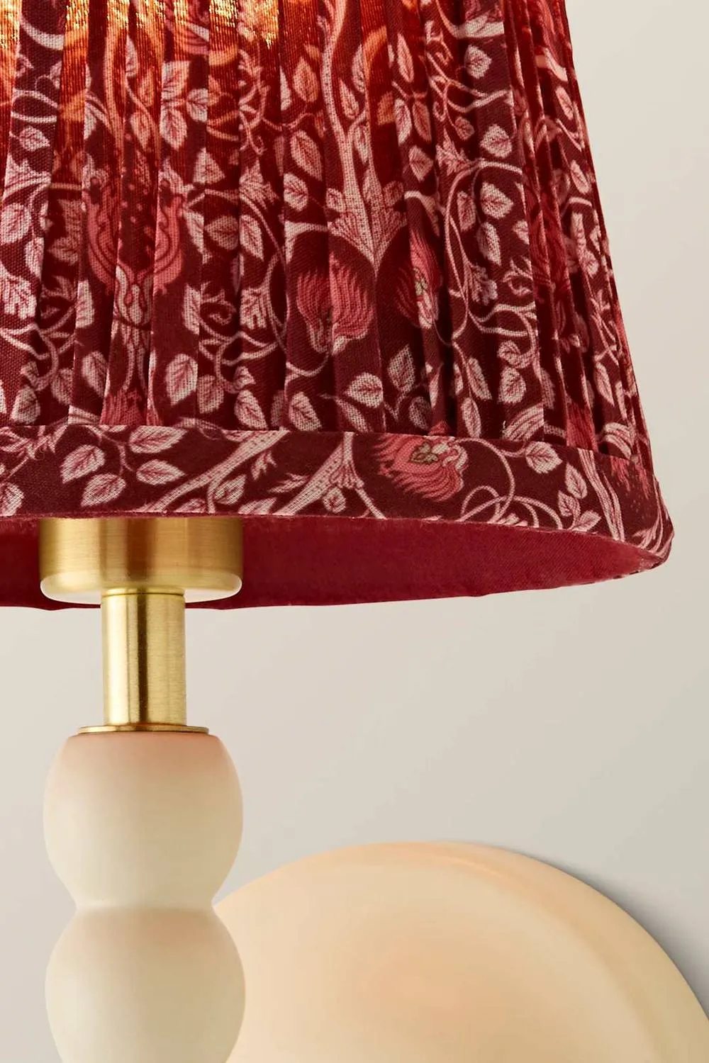 ValueLights Bobbins Burgundy Floral Pleated Shade Wooden Bobble Wall Light in Cream 4