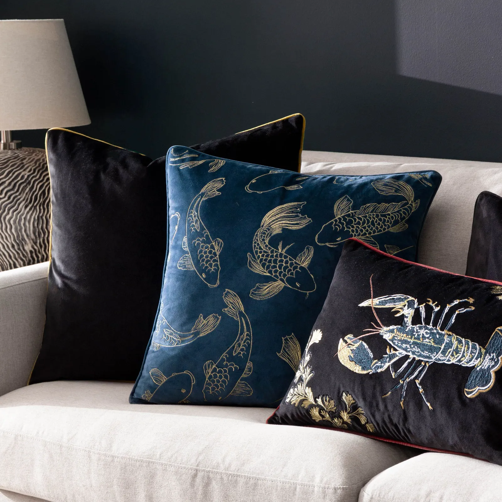 Paoletti Koi Pond Embroidered Velvet Cushion in Navy 6