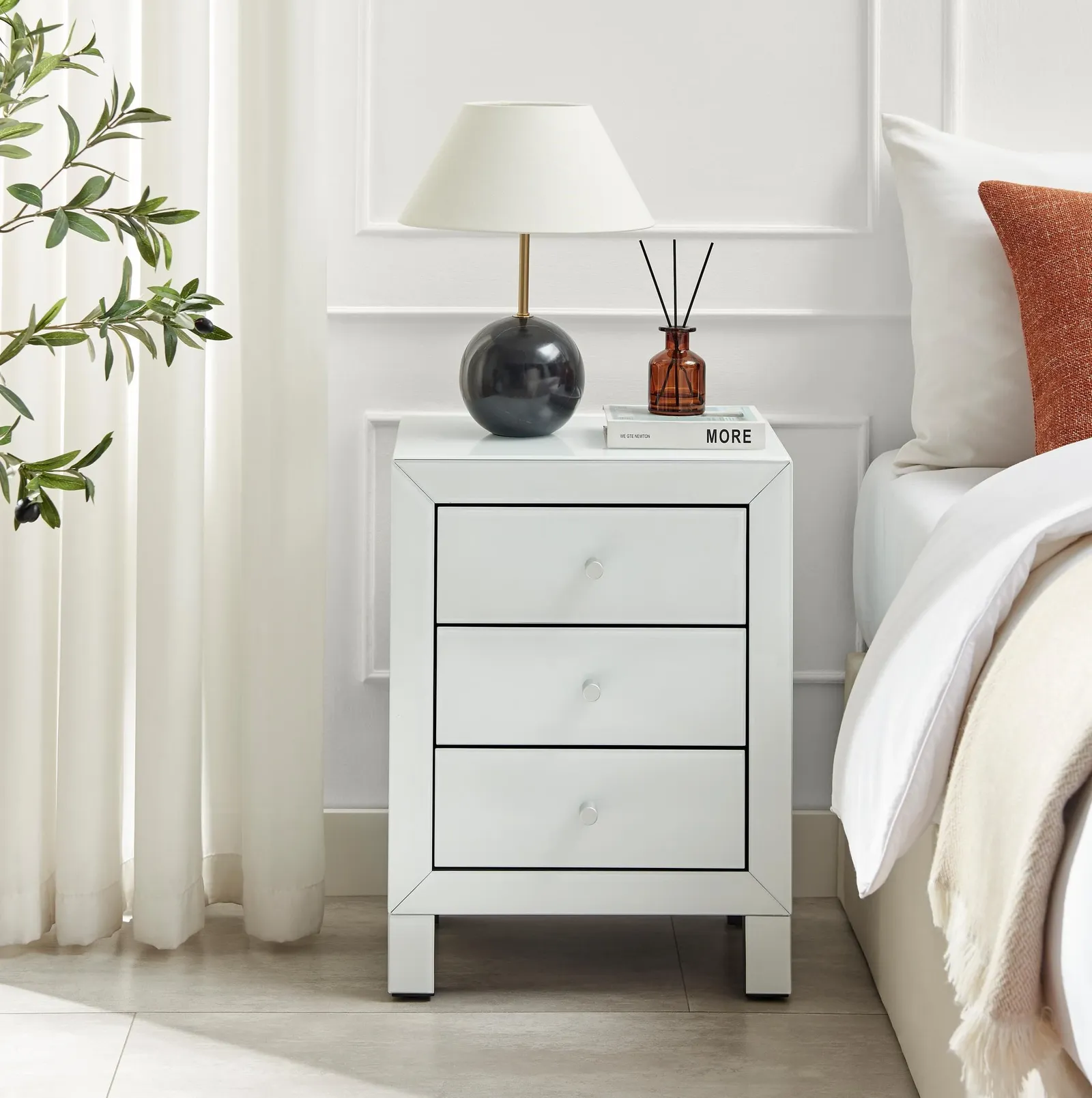 FurnitureboxUK Lexi Large Wooden Bedside Table with 3 Drawers & a Modern Mirrored Finish in White 2