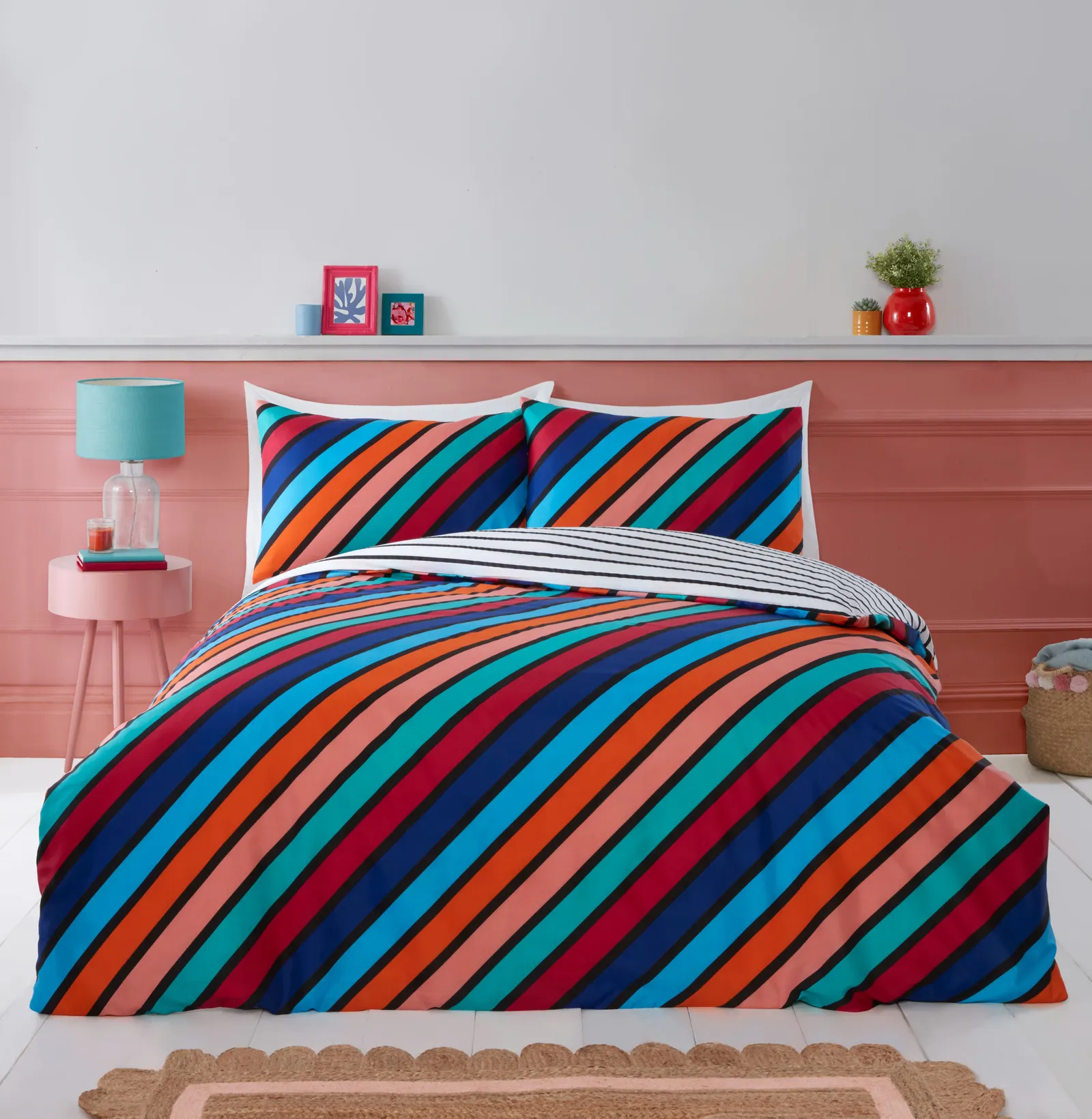 Rapport Home Oxford Stripe Microfibre Reversible Duvet Cover Set with Pillowcase in Blue