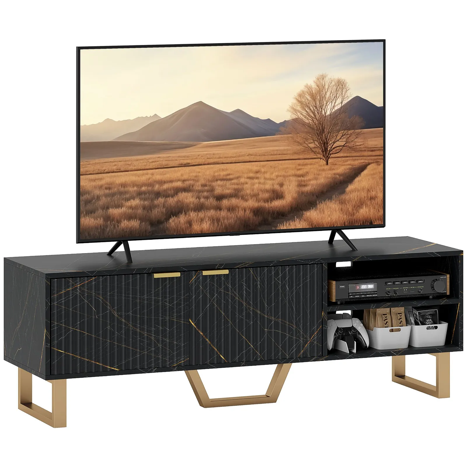 HOMCOM TV Unit, TV Stand Cabinet with Shelves & Storage Cupboard in Black 2