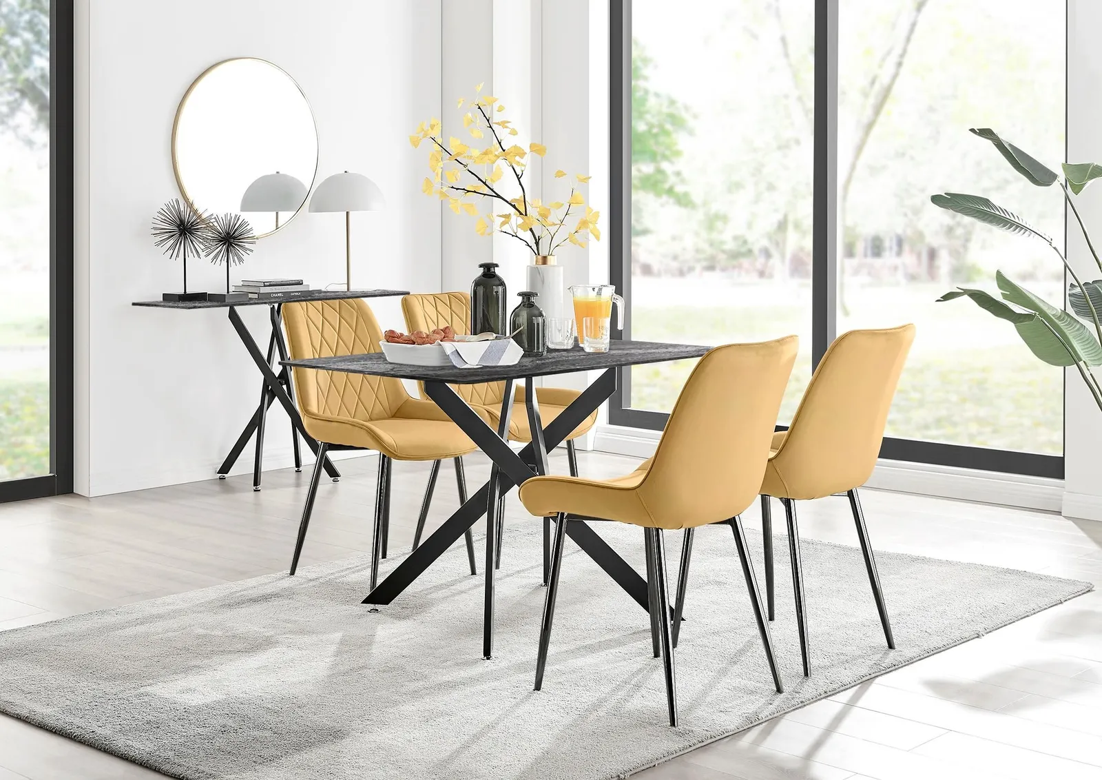 FurnitureboxUK Leonardo Grey Glass Marble Effect Black Leg Table & 4 Pesaro Black Leg Chairs in Mustard 1