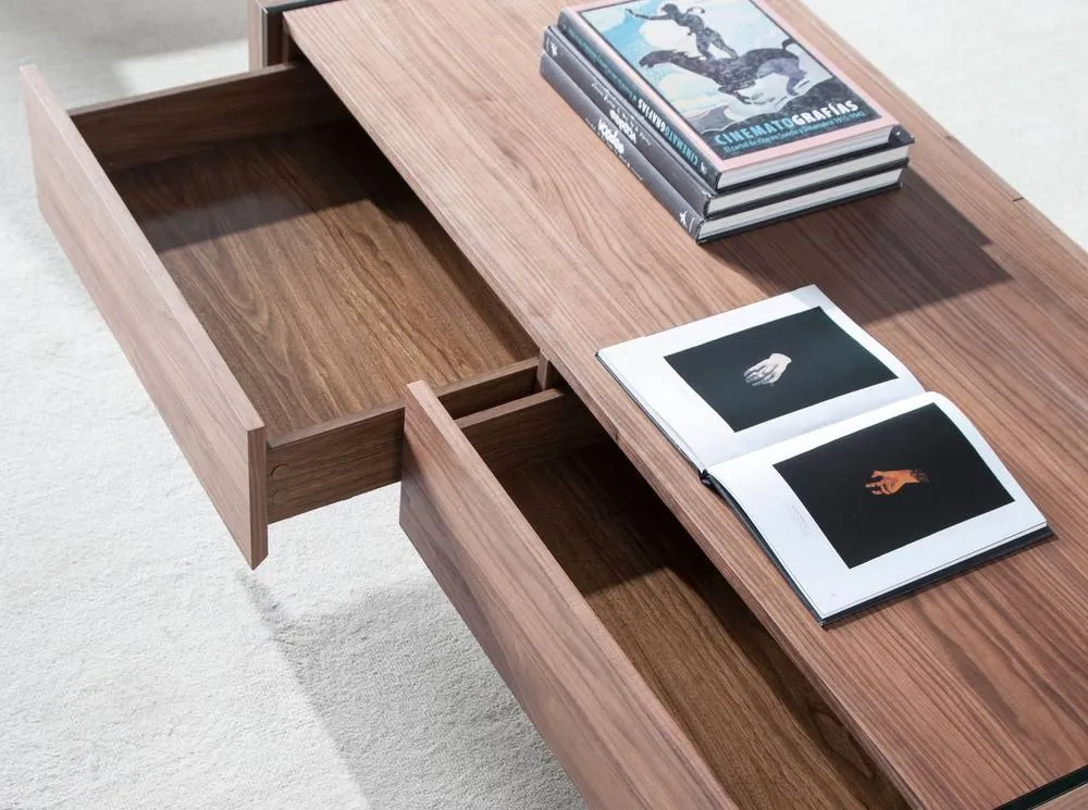 Angel Cerda Walnut Veneer Rectangular Coffee Table with Tempered in Brown 5