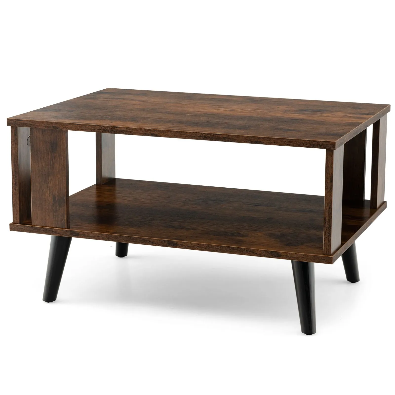 Costway Industrial Coffee Table 2-Tier Wooden Center Table Small Side Table Living Room in Brown