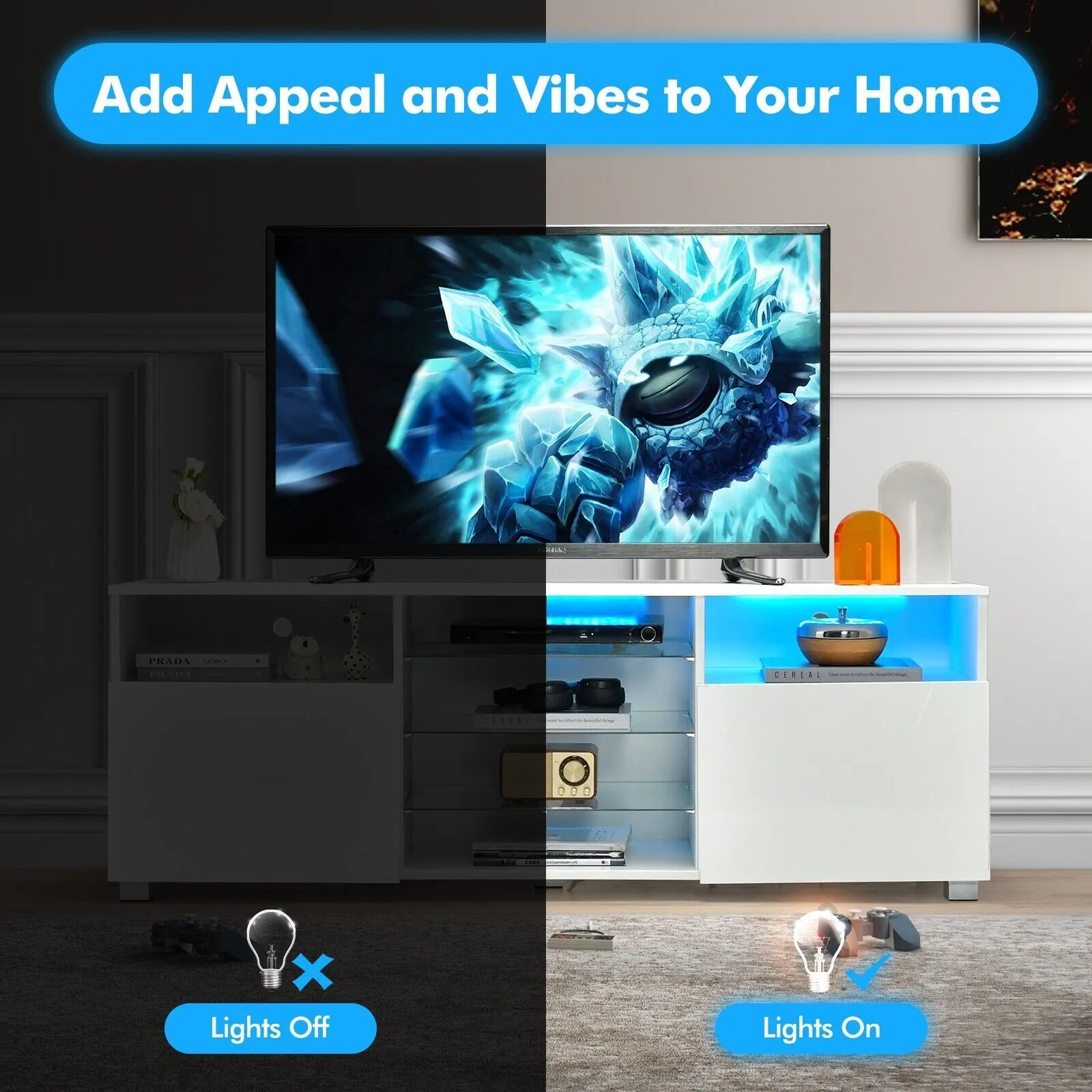 Costway 2Door TV Stand w/ LED Lights for TVs up to 65 inch Modern Entertainment Center in White 5