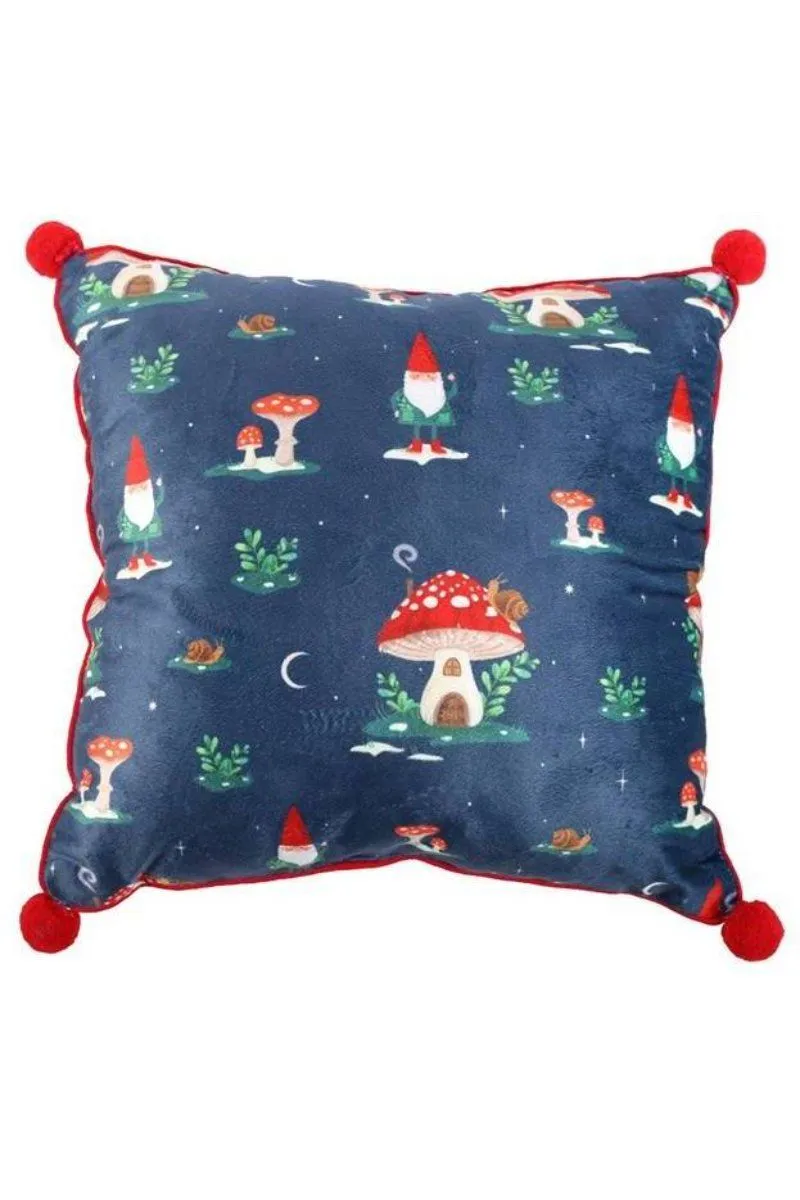 KDMD 35cm Square Gnome Print Cushion with Pom Poms in Blue