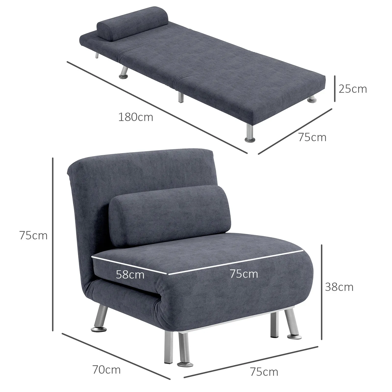 HOMCOM Folding 5 Position Convertible Sleeper Chair Charcoal Grey 3