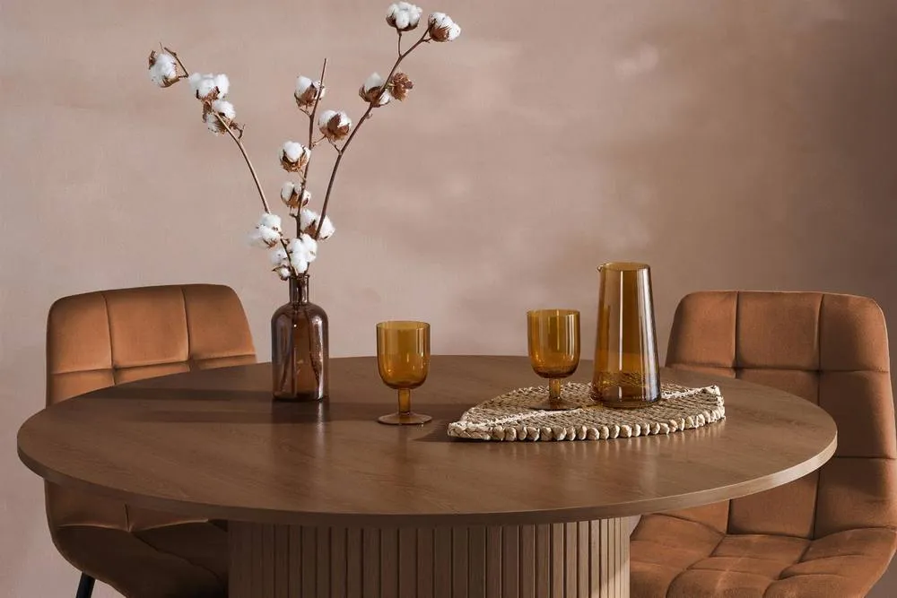 Birlea Axel Round Fluted Dining Set Table with 4 Chairs in Tan 2