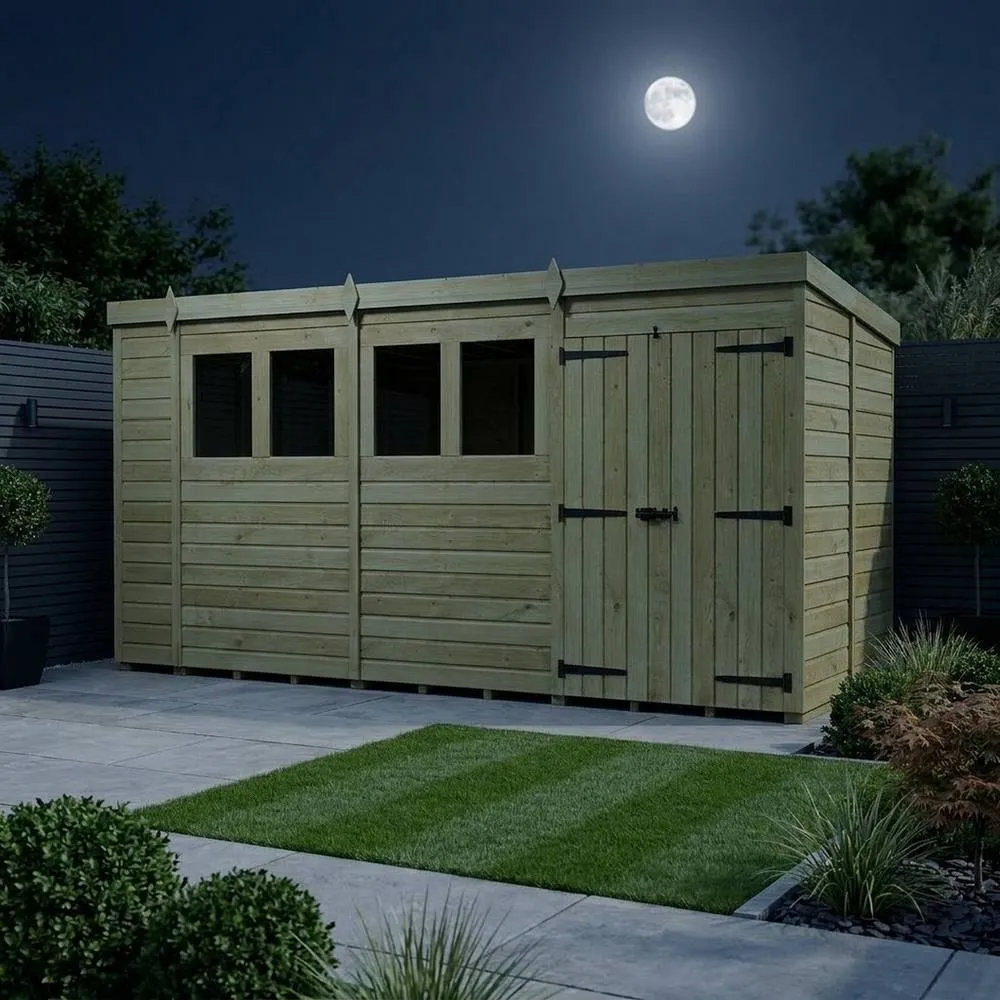 Buttercup Farm 15ft x 9ft Pent Garden Shed Double Door With Windows - Timber in Brown 3