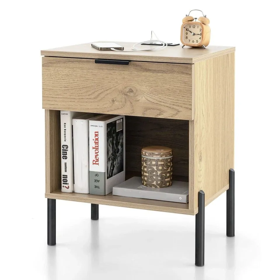 Costway Mid Century Modern Nightstand Bed Side Table w/Charging Station in Natural
