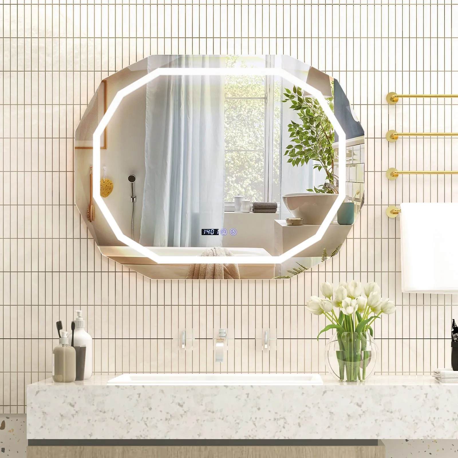 Costway LED Bathroom Mirror Single Beveled Edge Anti-Fog Mirror with 3 Color LED Light in Silver