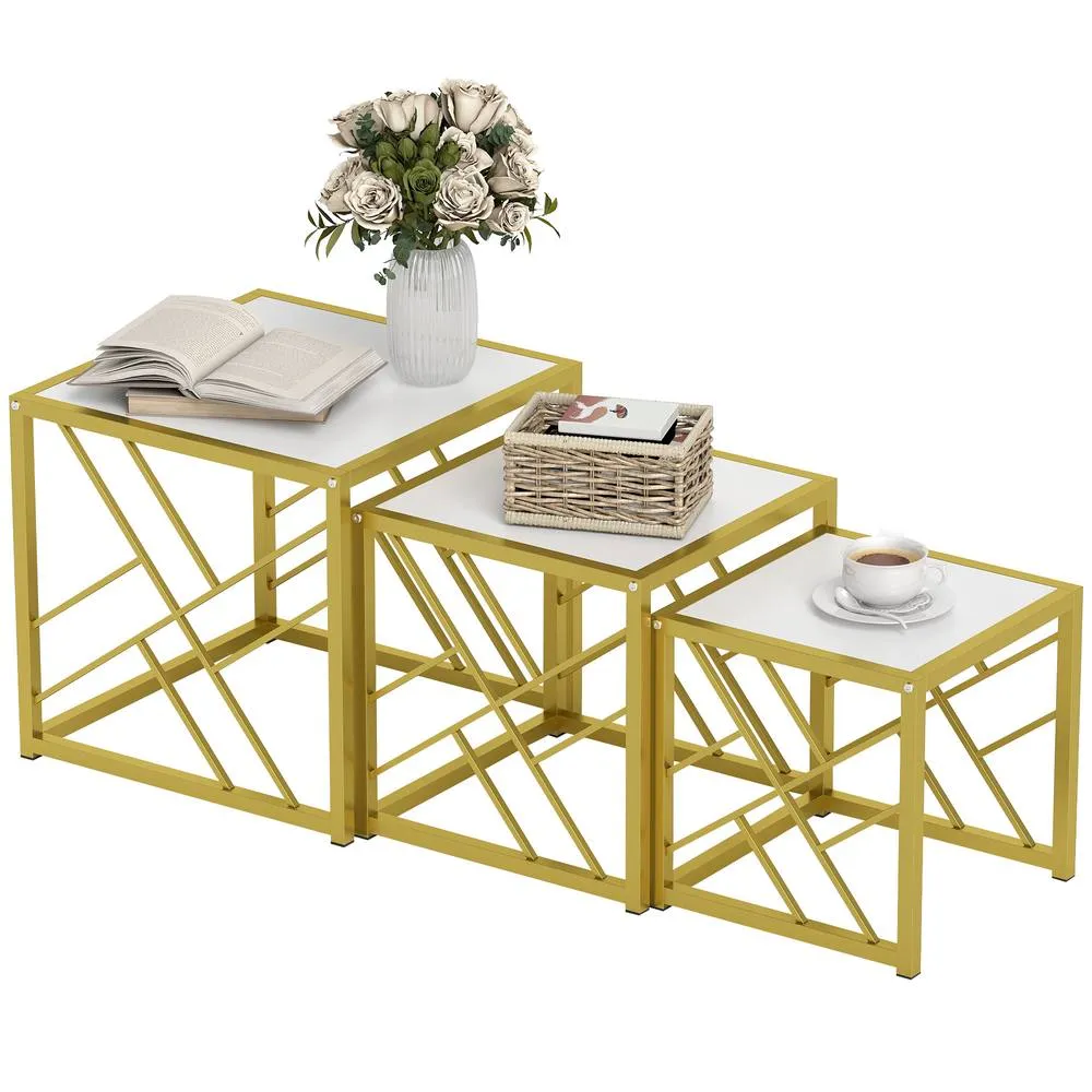 HOMCOM Set of 3 Nesting Coffee Tables Square End Tables w/ Metal Frame White 2