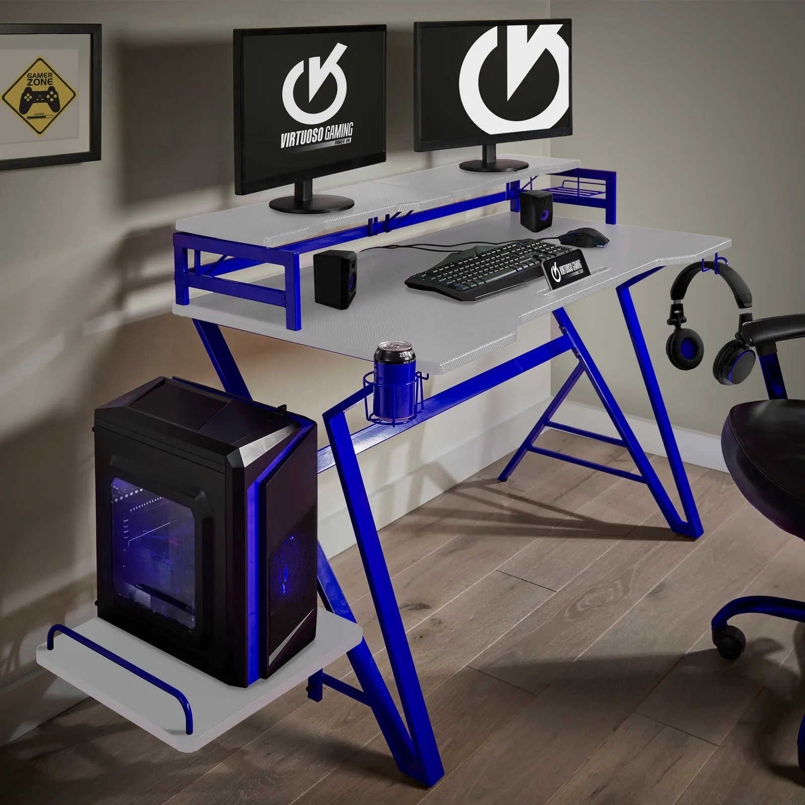 Carbon Fibre Effect Gaming Desk Blue/White