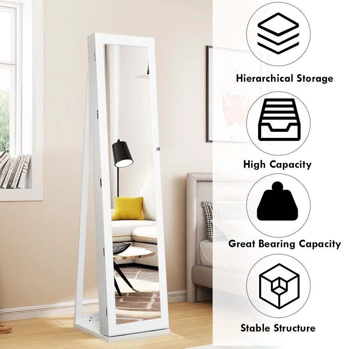 Costway 3in1 Jewelry Cabinet FullLength Mirrored Jewelry Armoire Jewelry Organizer in White 4