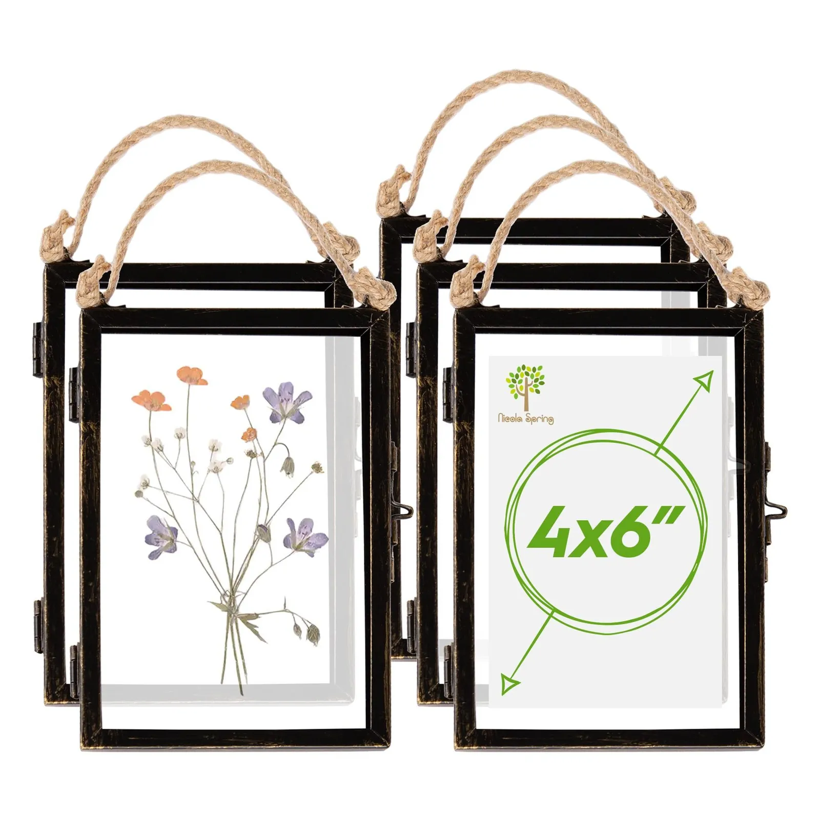 Nicola Spring 5x Hanging Metal Photo Frames - 4" x 6" - Black - Picture Frame Wall Mounted Frame with Rope