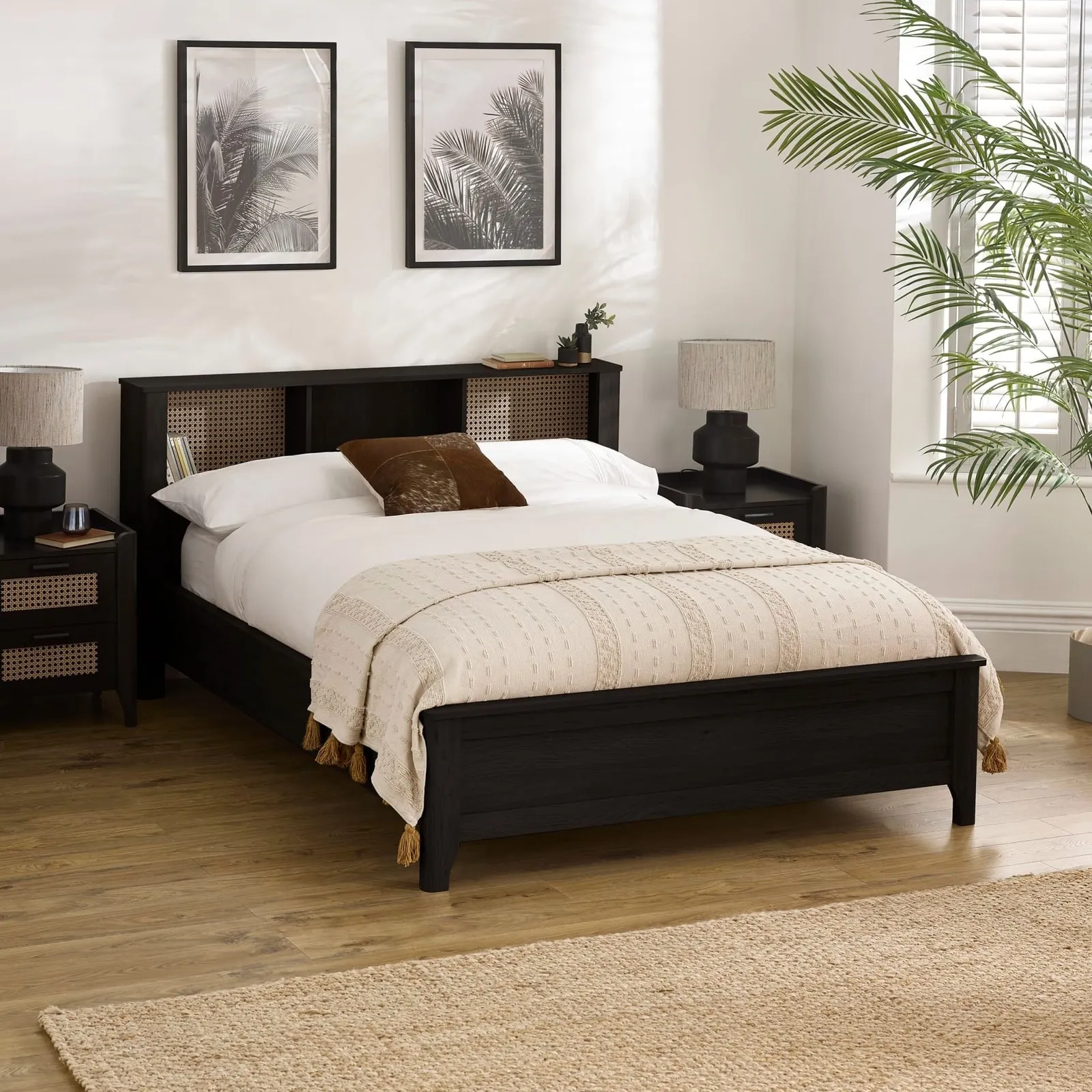 Sydney - Double - Rattan Oak-Effect Bookcase Bed - Black - Wooden - 4ft6 - Happy Beds 1