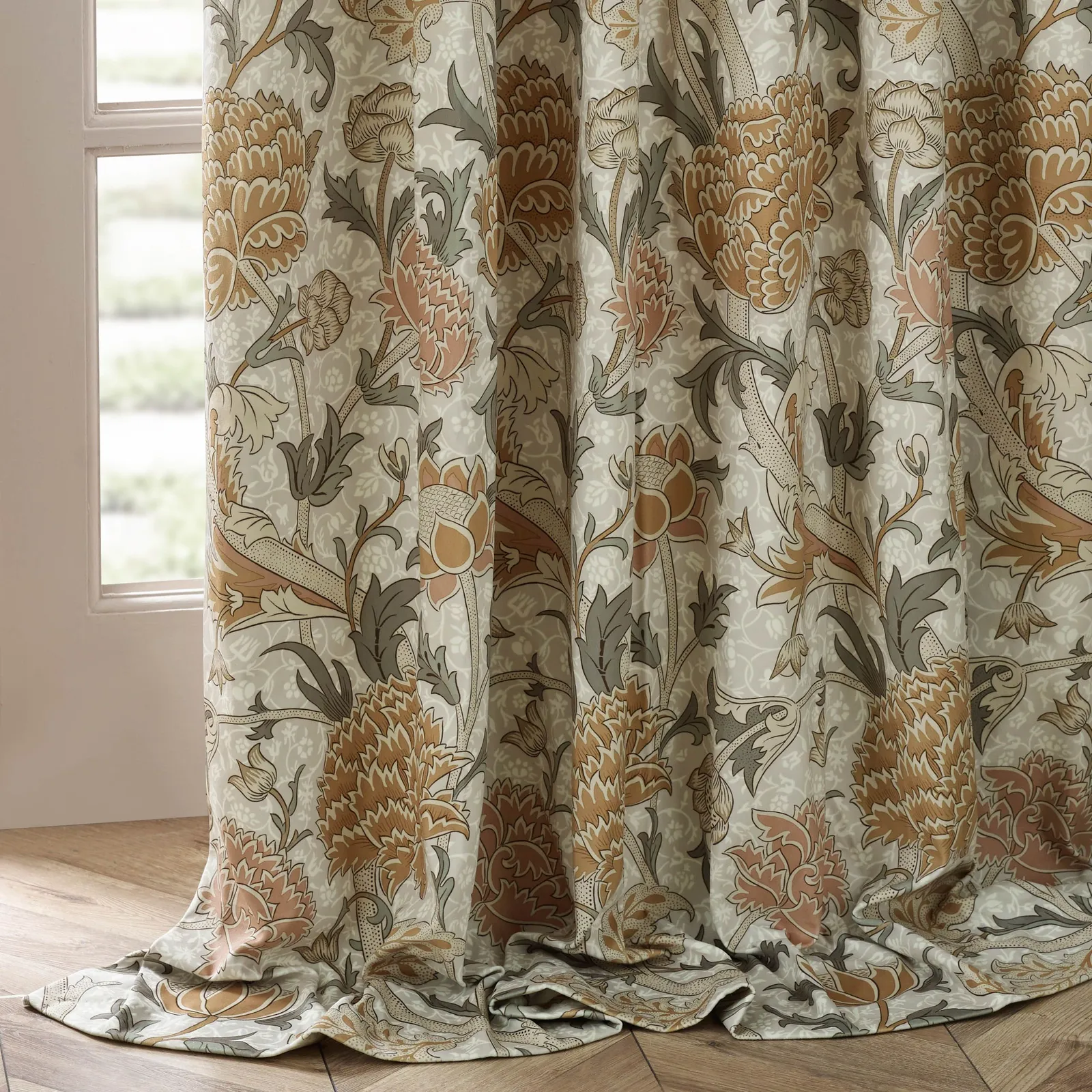 Morris & Co Cray Floral Velvet Room Darkening Pencil Pleat Curtains in Stone 5
