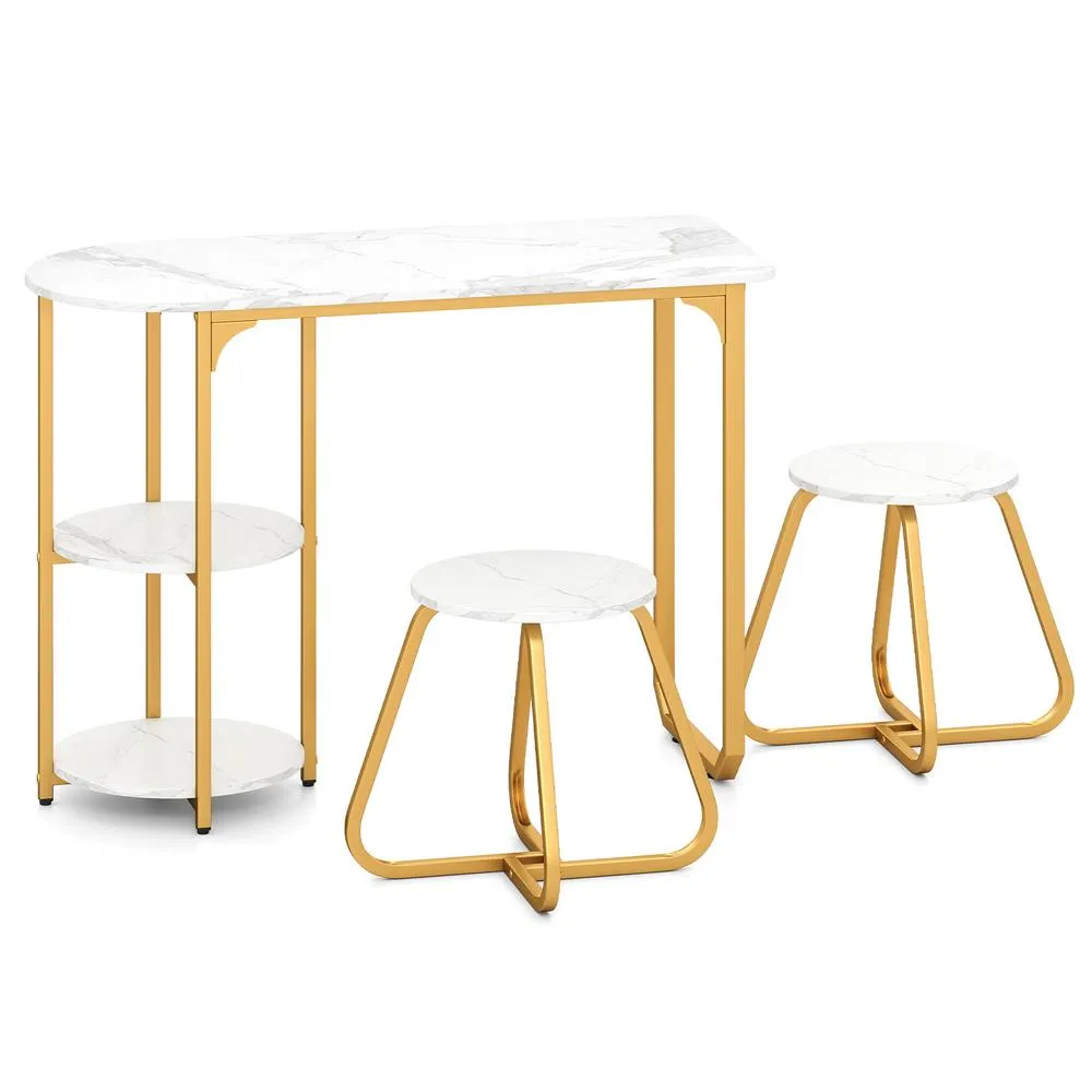 Costway Table & 2 Bar Stools Set Table with 2 Shelves Stools in White