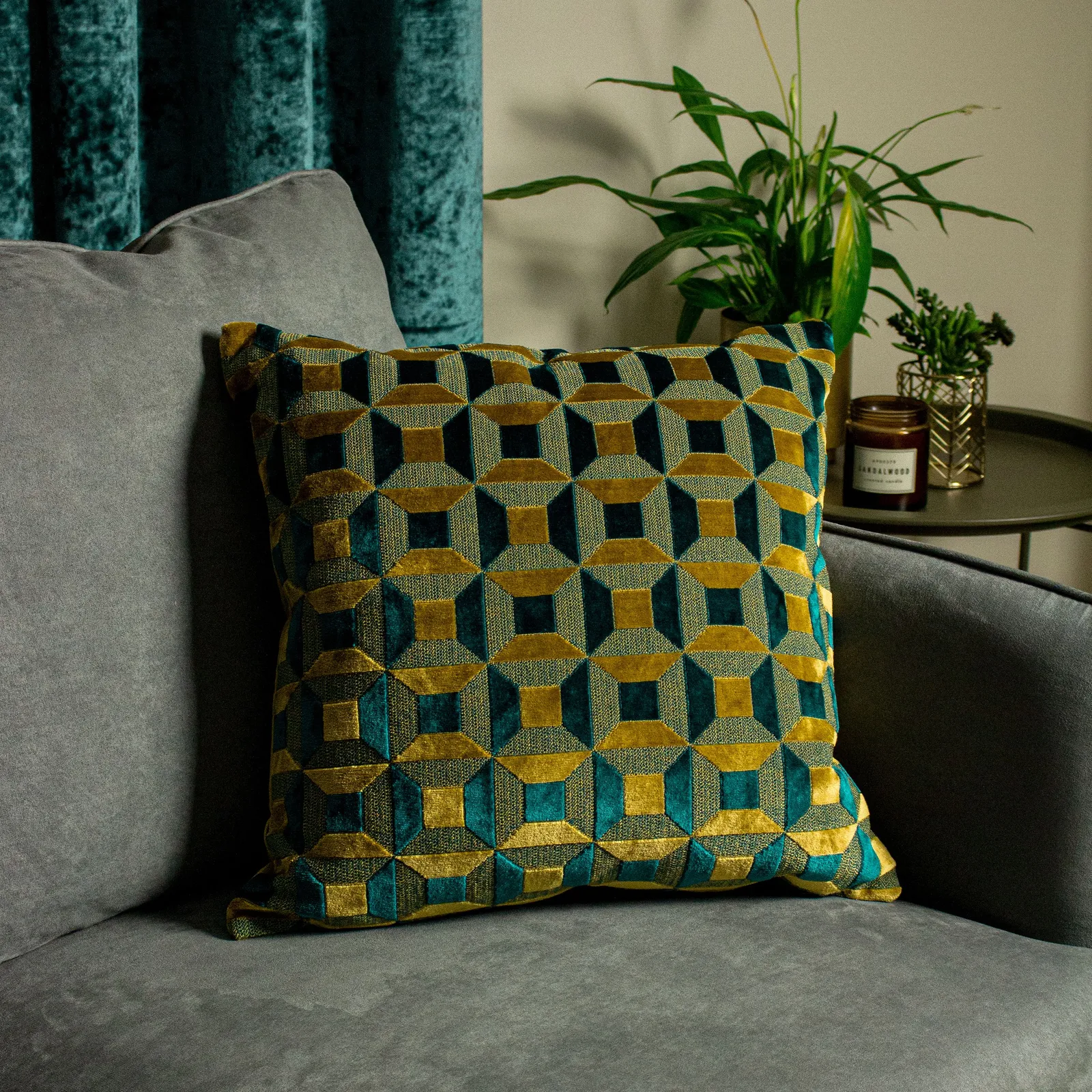 Paoletti Empire Velvet Jacquard Geometric Cushion in Teal