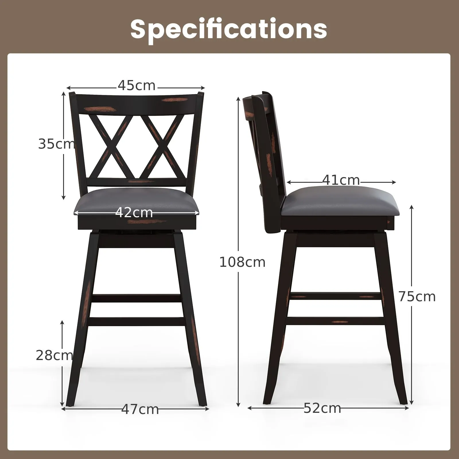 Costway Set of 2 Bar Stools Counter Height Chair Pub 360 °Swiveling Upholstered Seat 29" 2