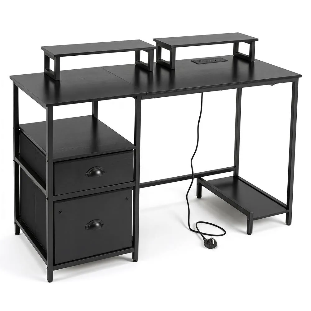 Costway Computer Desk with Power Outlets Office Desk with 2 Monitor Shelves in Black
