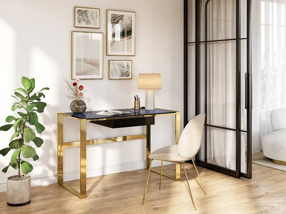 Vente-unique Desk With 1 Drawer - Toughened Glass & Steel - Black & Gold - SALI 3
