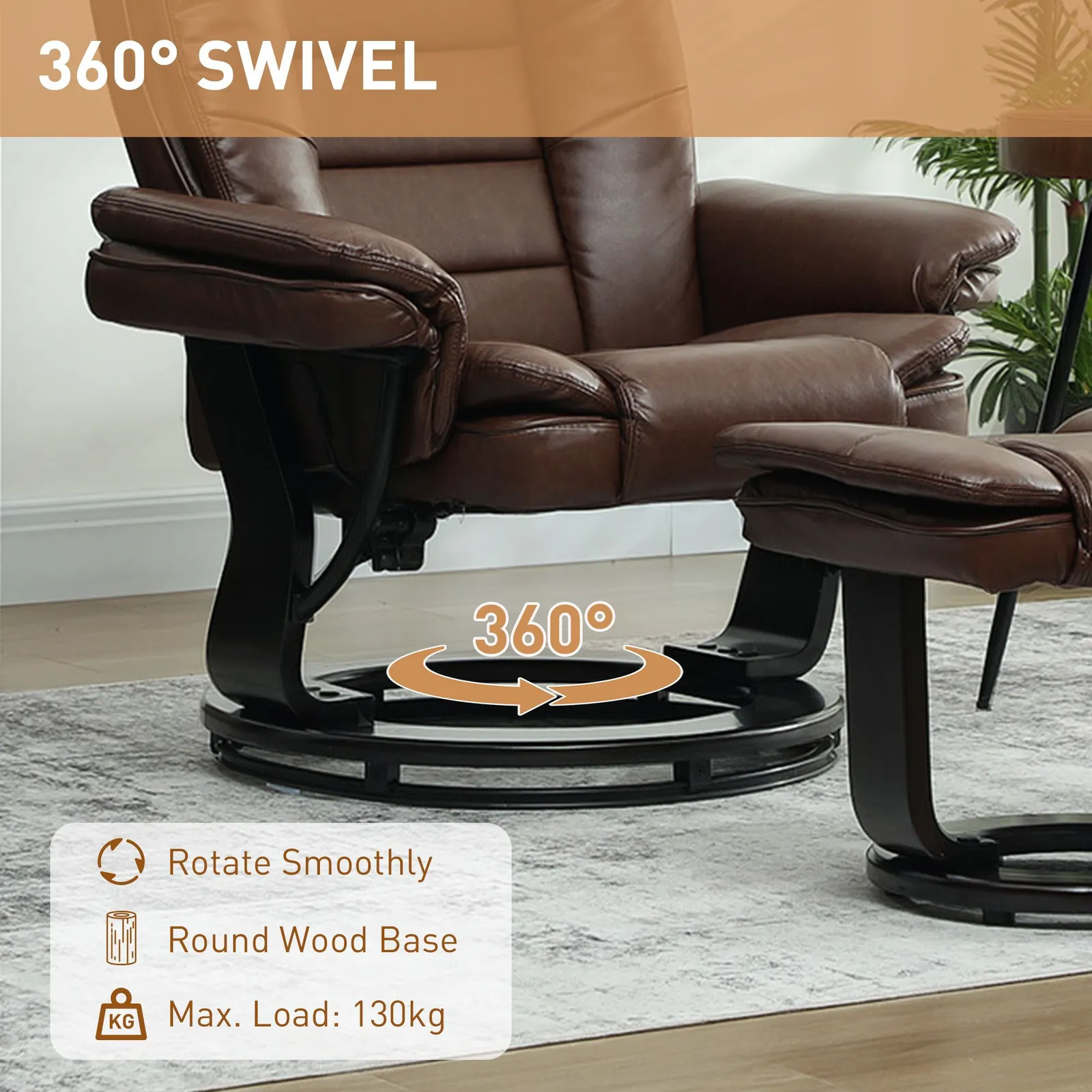HOMCOM Swivel Manual Recliner & Footrest Set PU Leather Chair Brown in Dark Brown 6