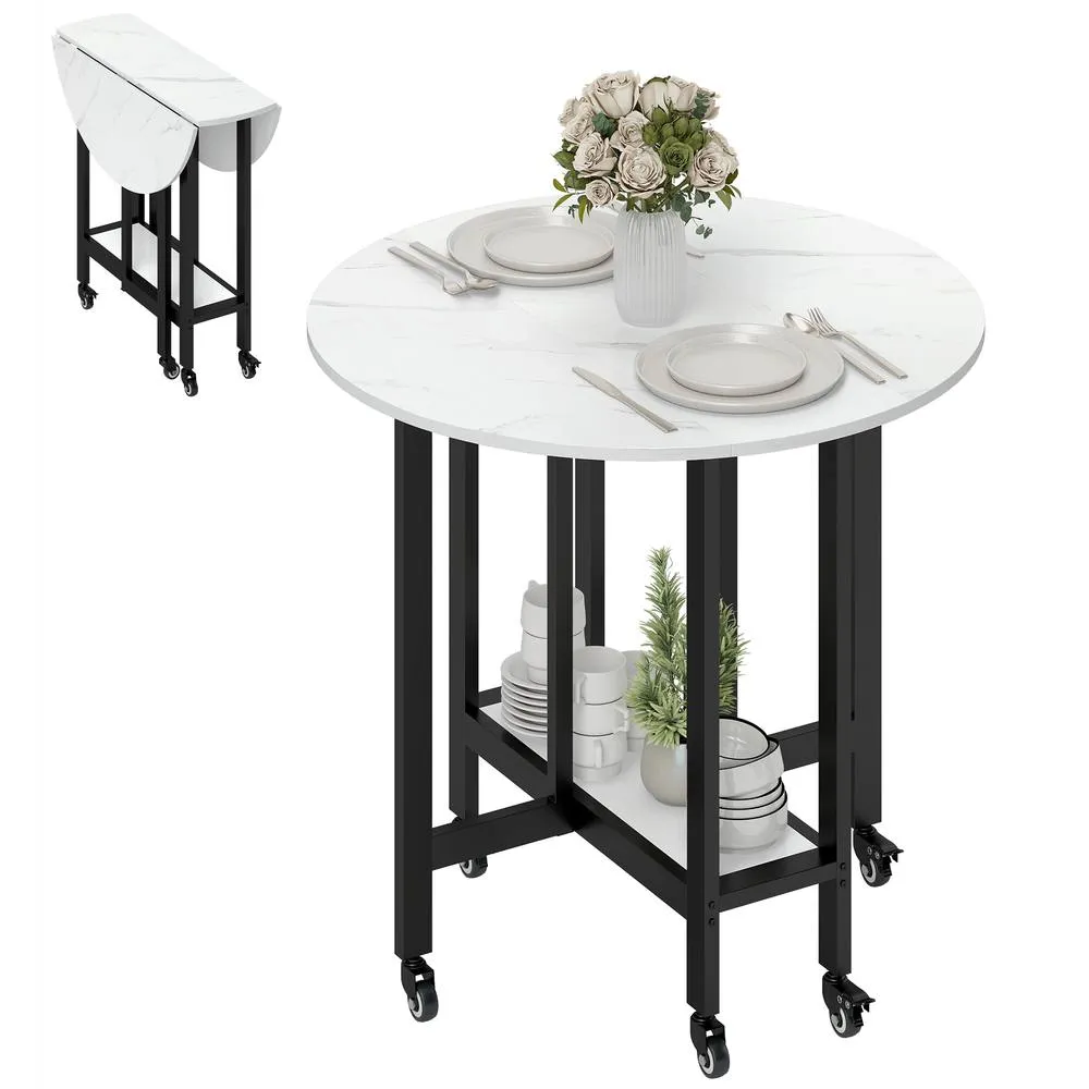 HOMCOM Folding Dining Table, Drop Leaf Table with Open Shelf, White Marble 2