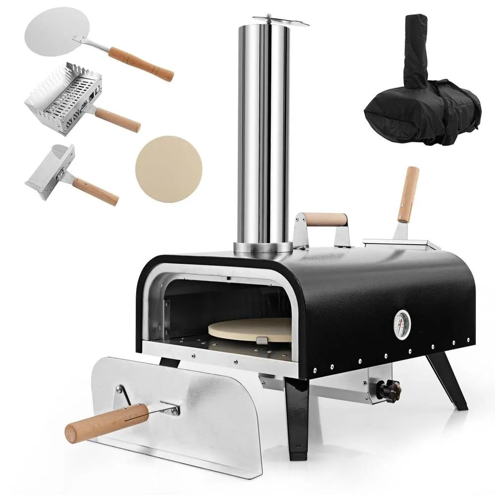 Costway Portable Pizza Oven Outdoor Rotatable Pizza Oven w/ 30cm Pizza Stone in Black