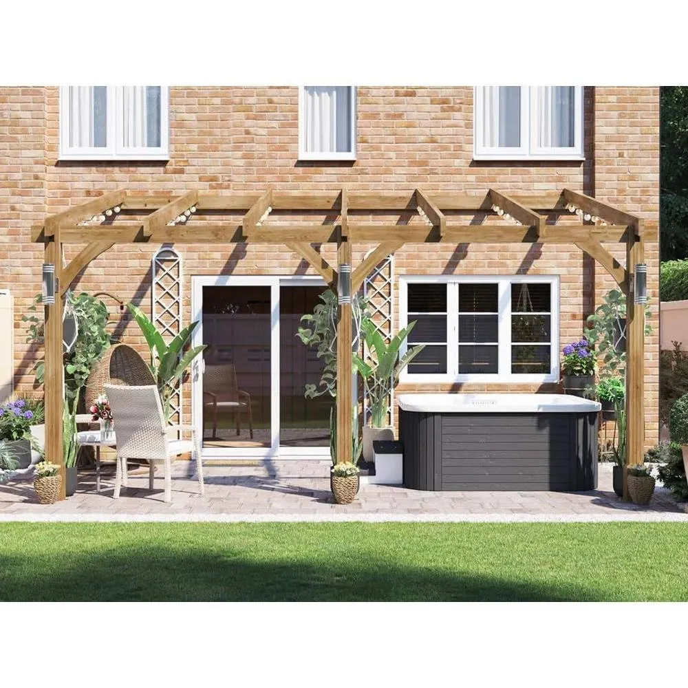 Dunster House Wooden Lean-To Pergola 5m x 3m Wall Mounted, Leviathan in Brown 2