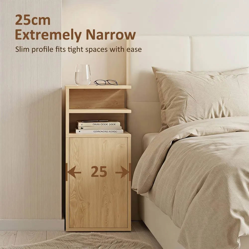 HOMCOM Slim Bedside Table Set of 2 with Open Cubbies & Cupboard in Light Oak 4