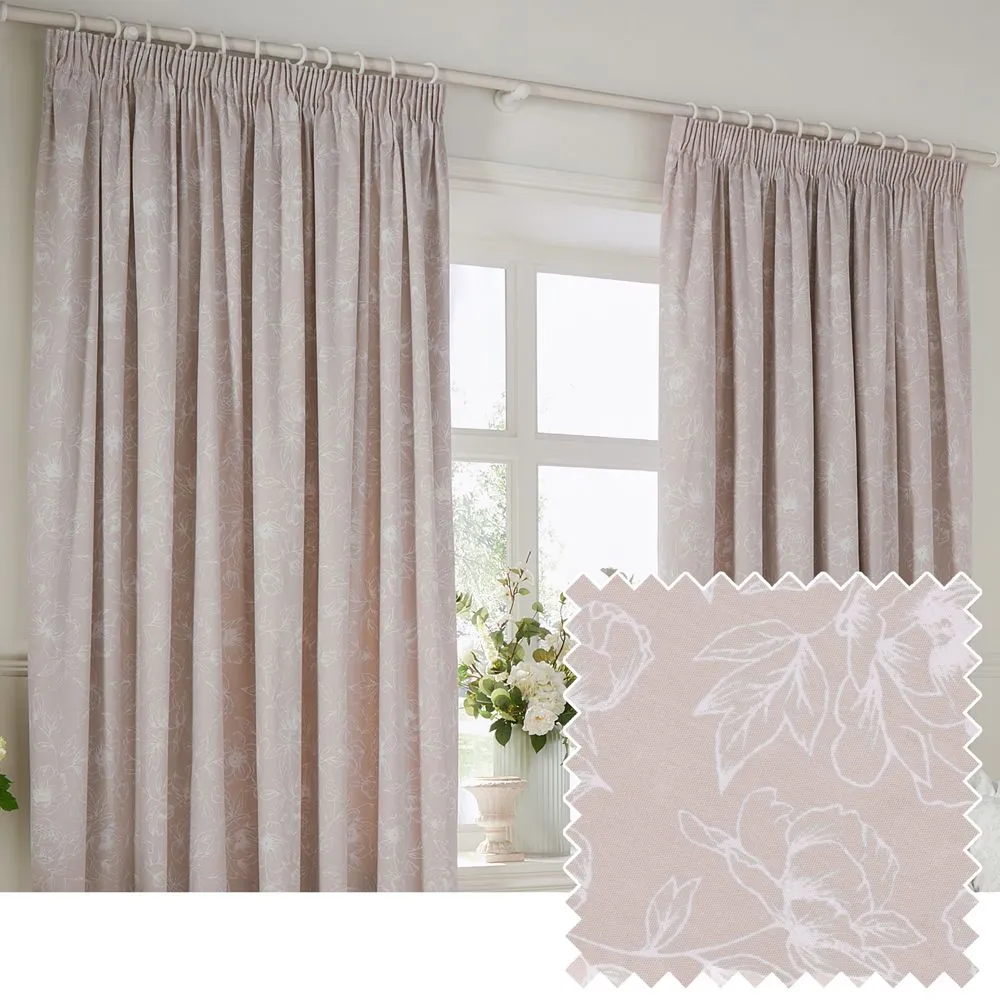 Wylder Bella Floral 100% Cotton Pencil Pleat Curtain Pair in Natural 1