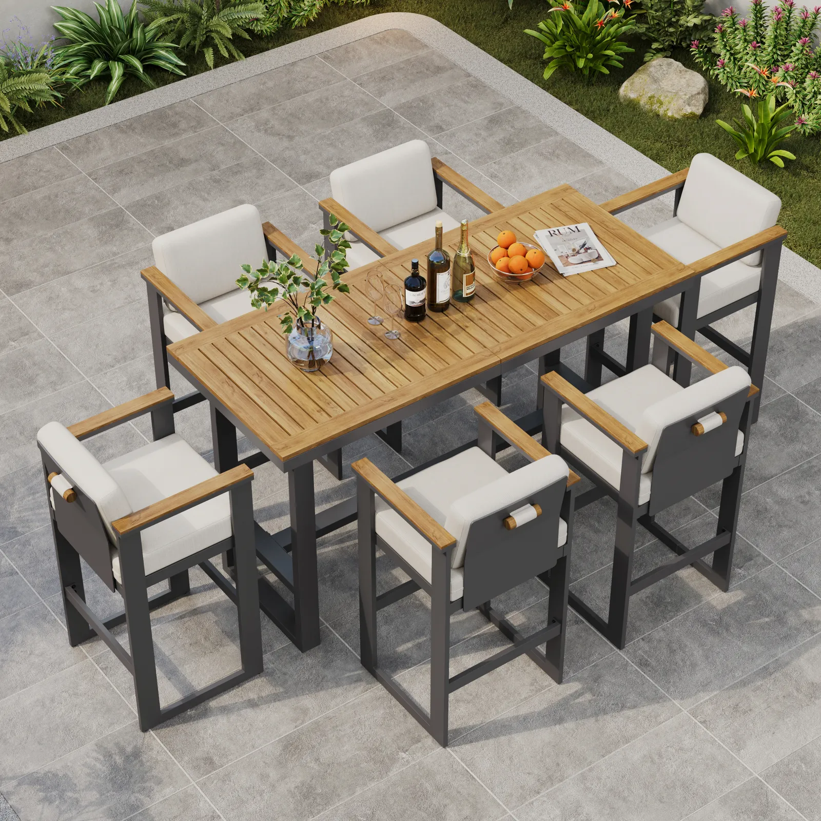 Tevara Teak Wood Modern Garden Bar Set with Dark Grey Frame & Warm White Cushions