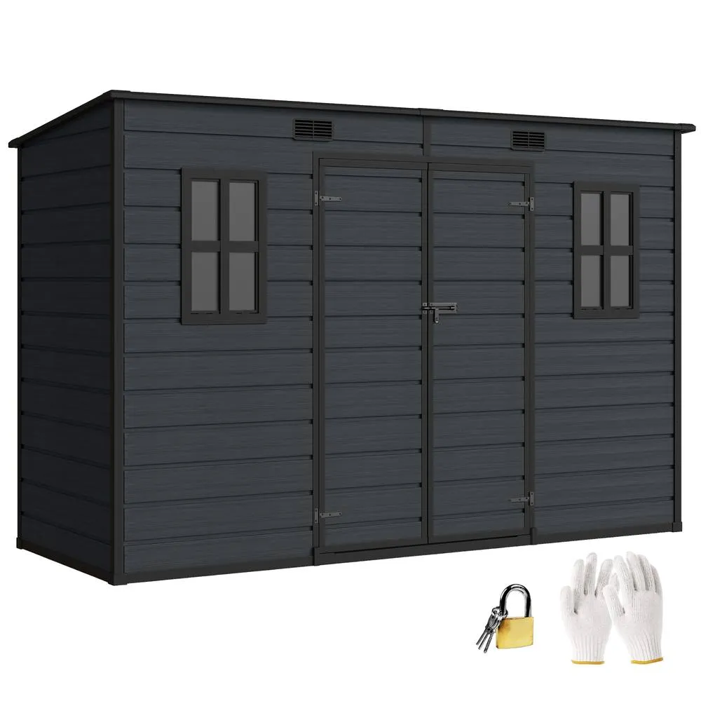 OUTSUNNY 10 x 4 ft Plastic Garden Shed with Floor, Lockable Doors Dark Grey 2