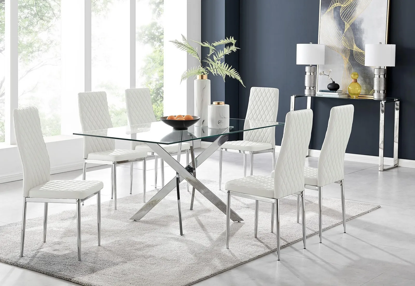 FurnitureboxUK Leonardo Glass & Chrome Metal Dining Table & 6 Milan Chairs Dining Set in White