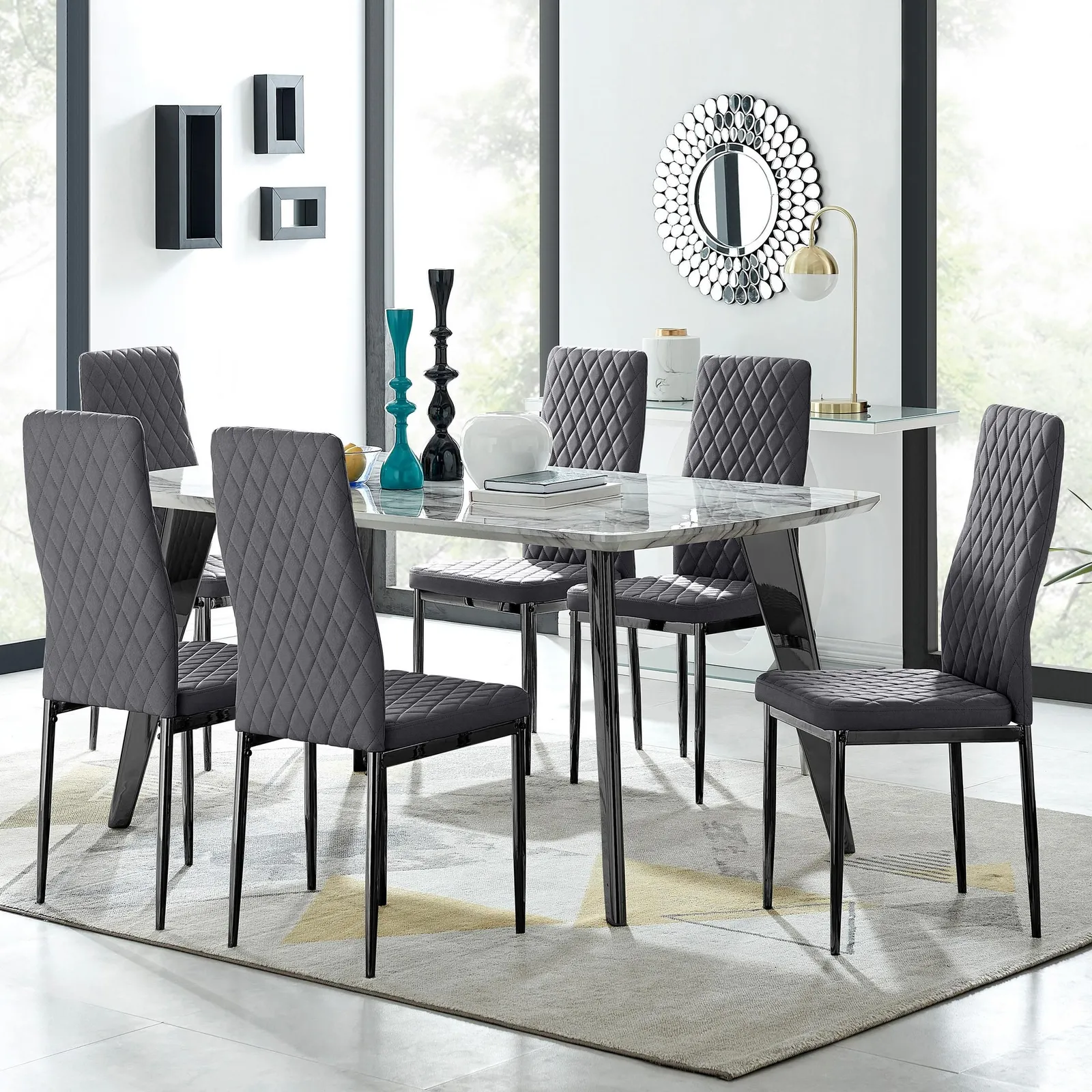 FurnitureboxUK Andria Marble Effect Dining Table With Black Legs & 6 Milan Velvet Black Leg Chairs in Grey