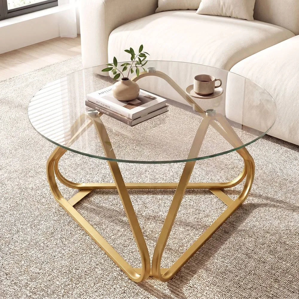 Costway Tempered Glass Coffee Table Round Accent Table Center Cocktail Table in Gold 3