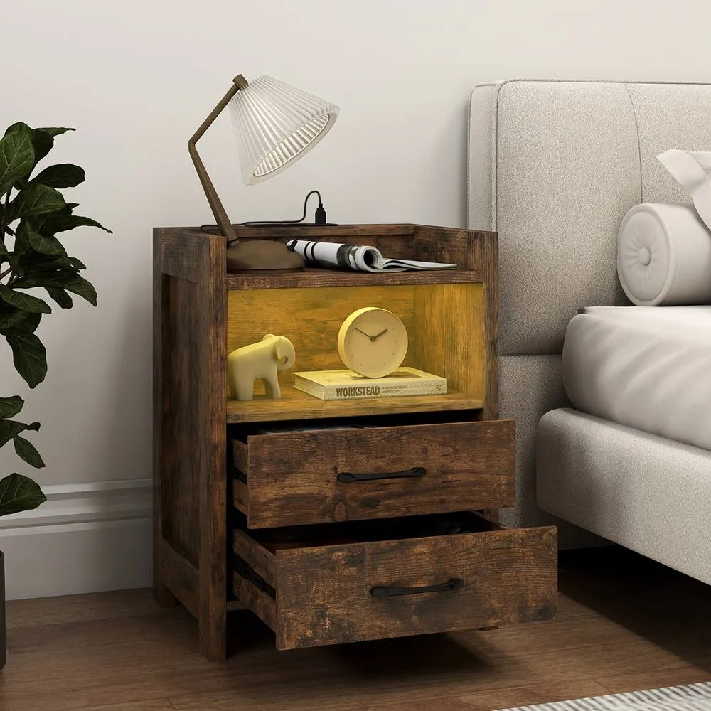 Costway LED Bedside Table with 2 Drawers Sofa Side Table with Power Outlets in Brown 4